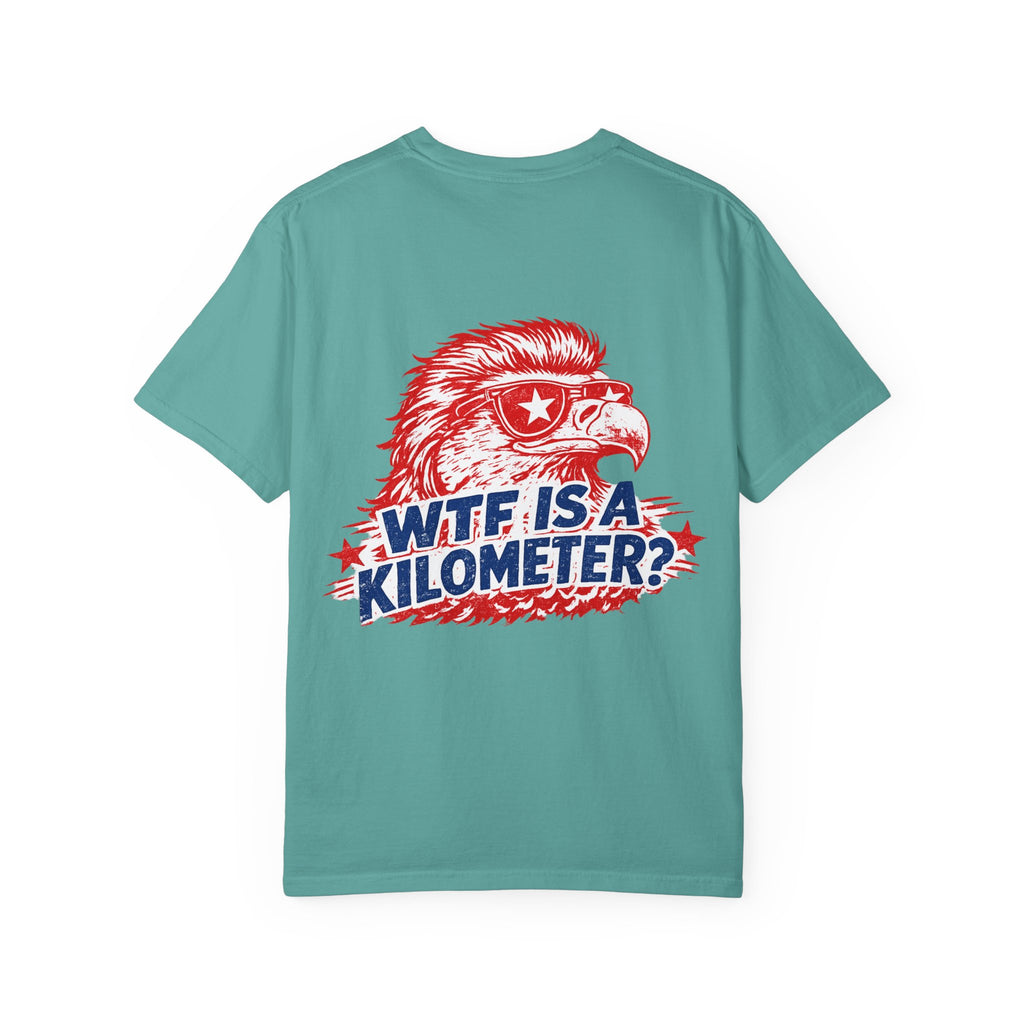 WTF Is a Kilometer? Graphic T‑Shirt — Retro Eagle Patriotic Travel Humor