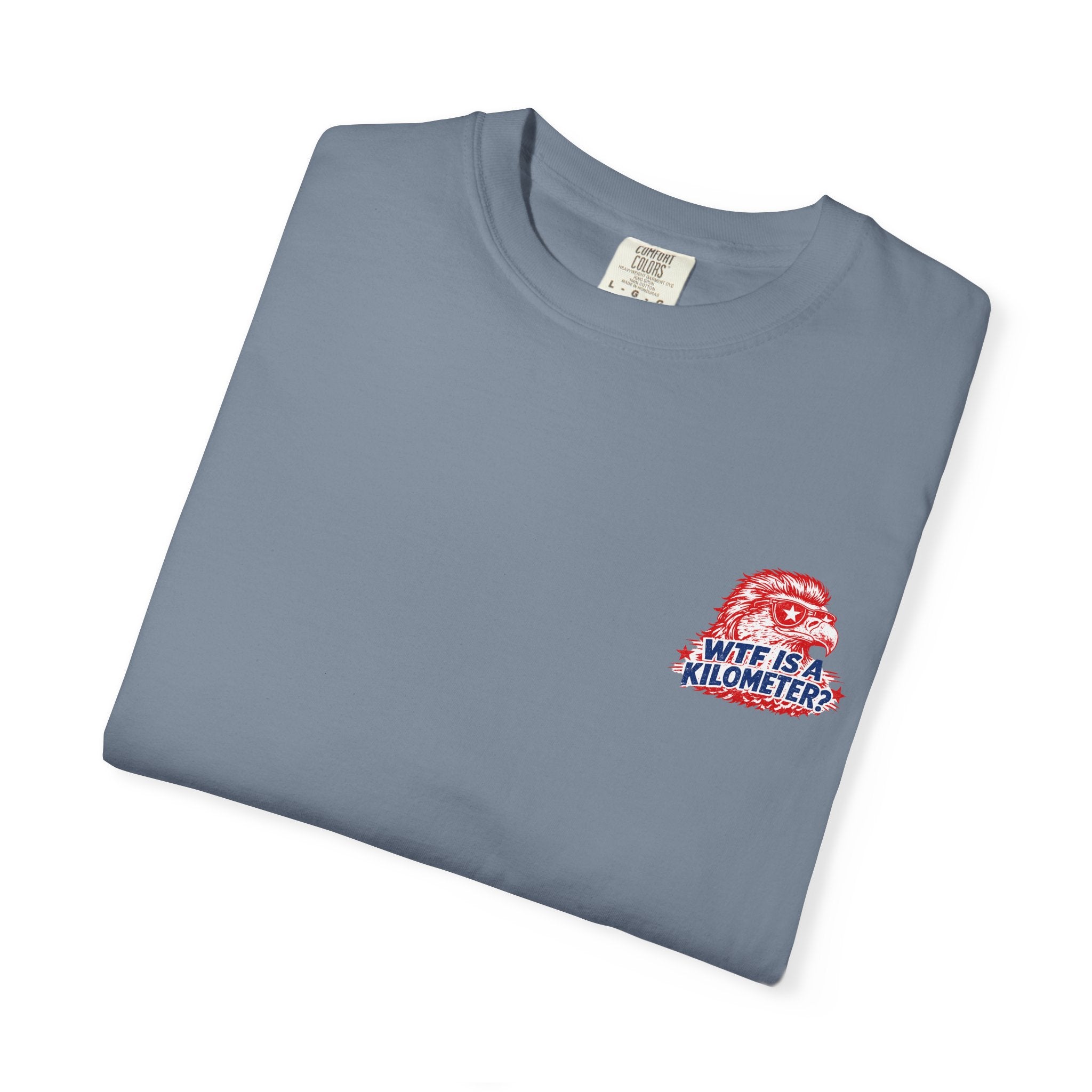 WTF Is a Kilometer? Graphic T‑Shirt — Retro Eagle Patriotic Travel Humor