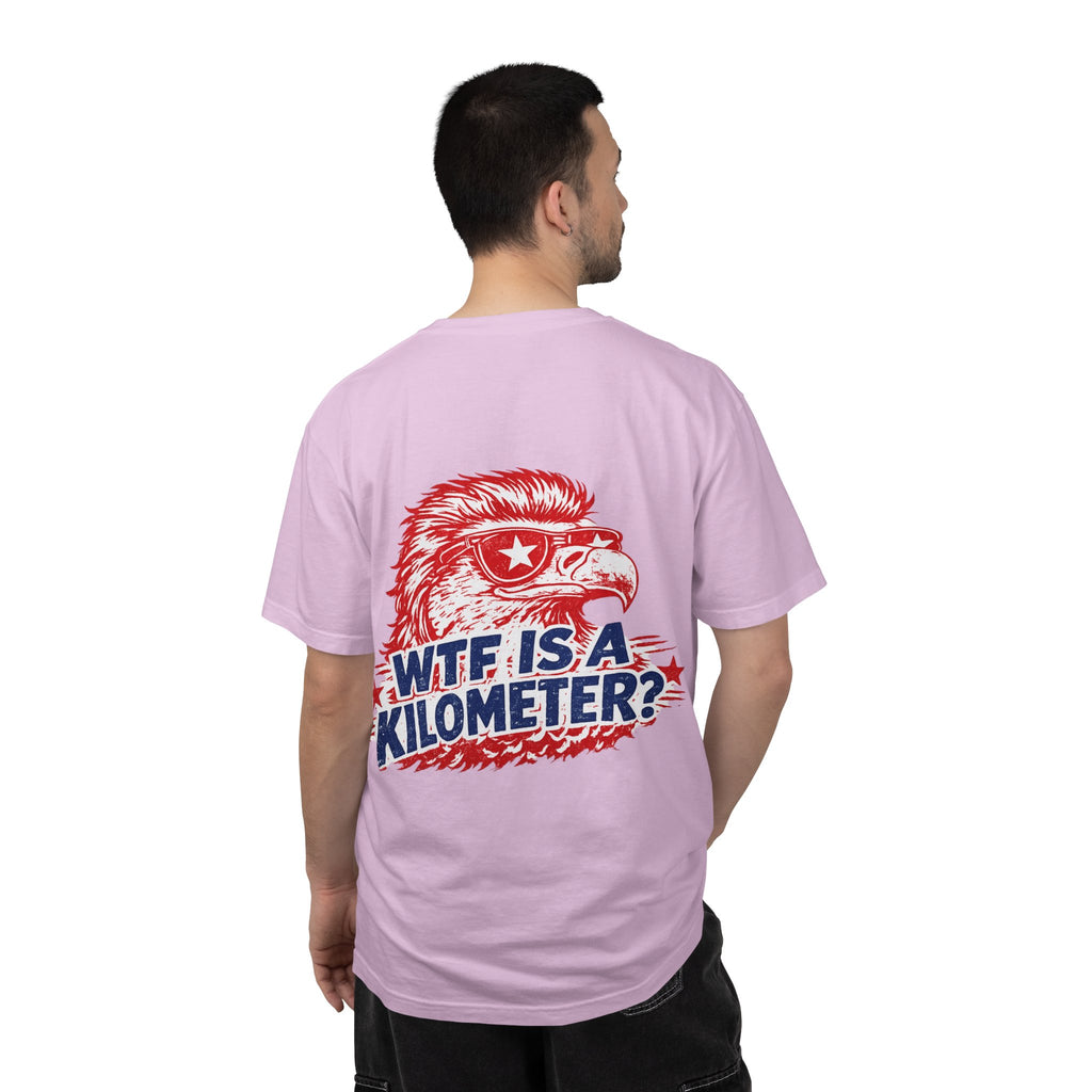 WTF Is a Kilometer? Graphic T‑Shirt — Retro Eagle Patriotic Travel Humor