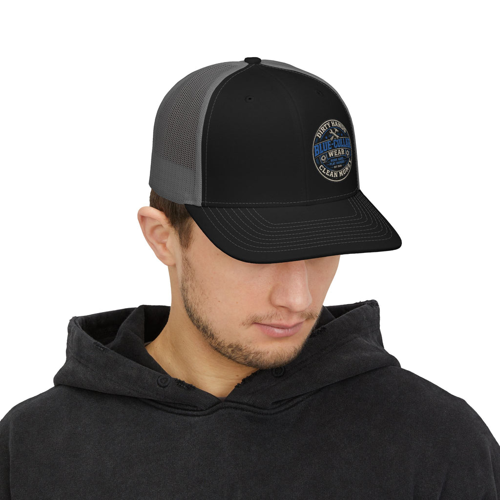 Blue Collar Trucker Snapback Cap — "Blue Collar Wear" Patch Mesh Hat