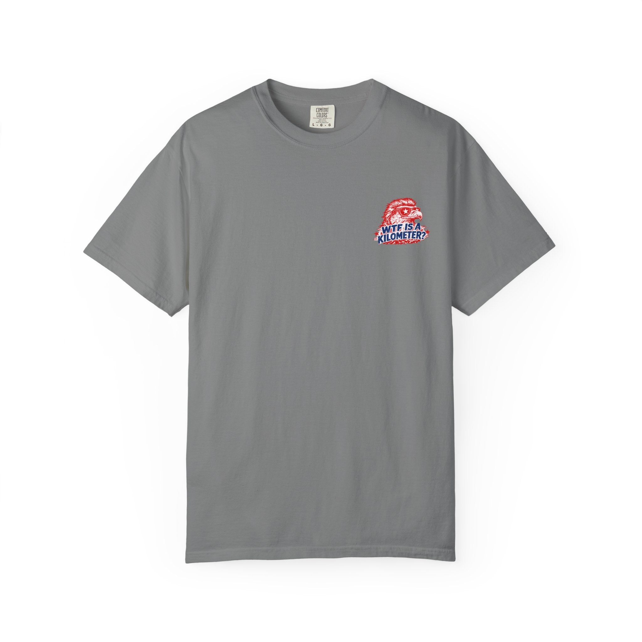 WTF Is a Kilometer? Graphic T‑Shirt — Retro Eagle Patriotic Travel Humor