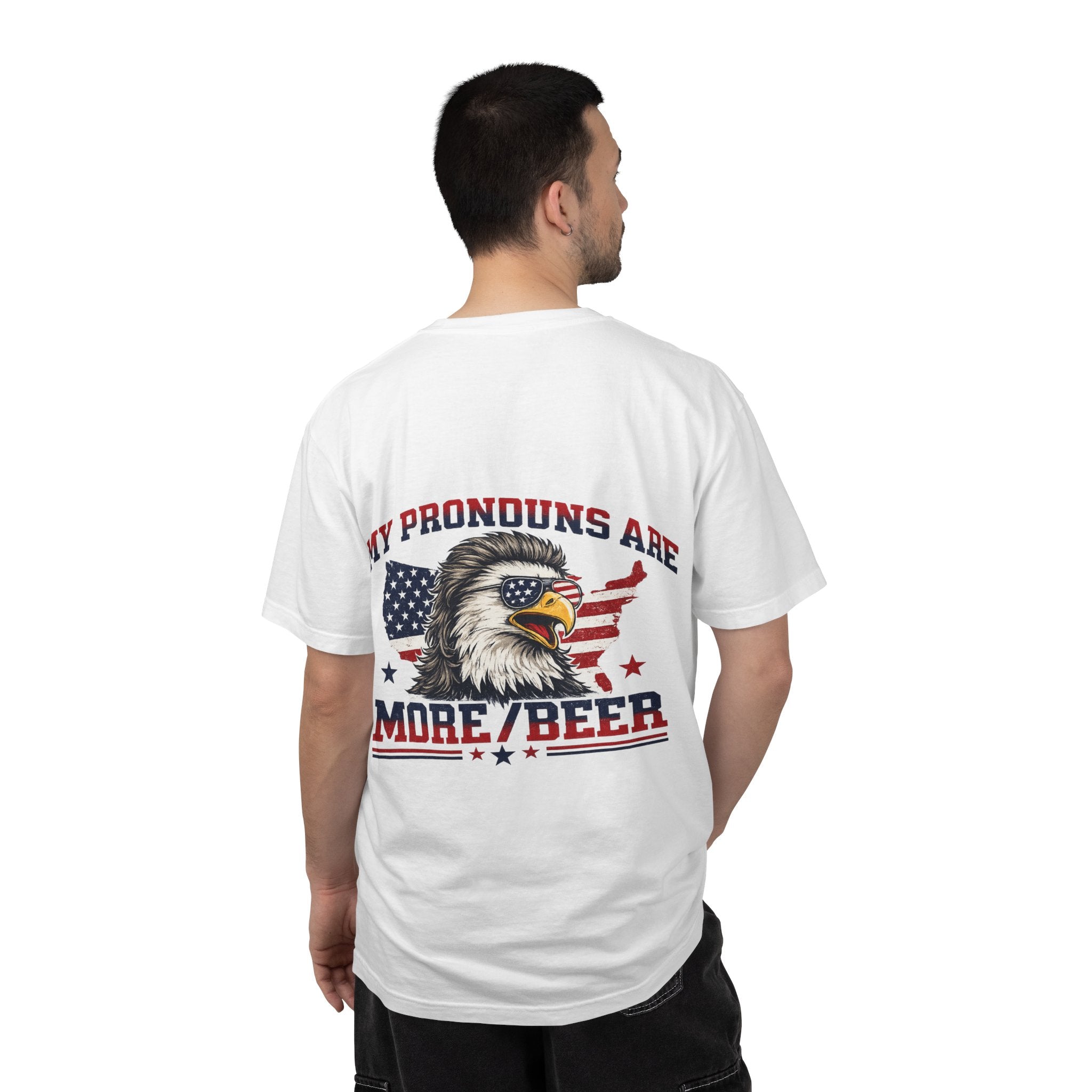 T-Shirt — "My Pronouns Are More/Beer" Patriotic Eagle Graphic