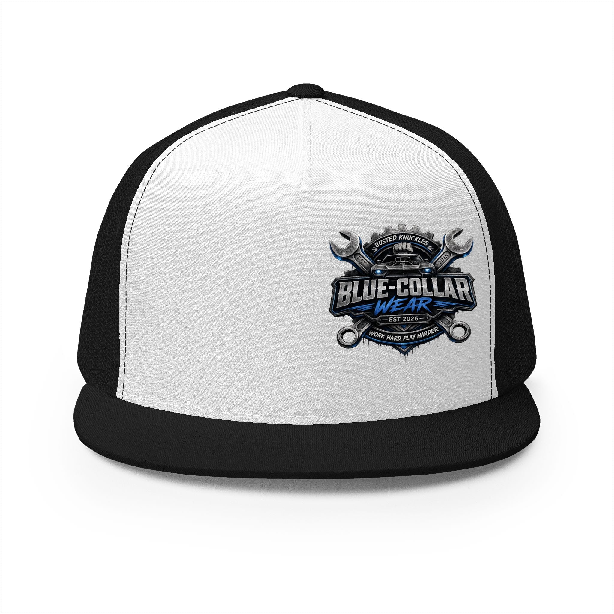 Blue-Collar Wear Trucker Cap — Vintage Mechanic Logo Snapback