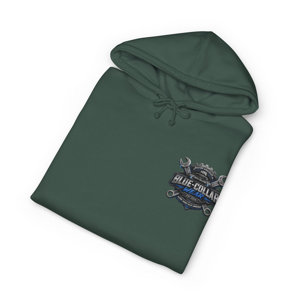Blue-Collar Wear Hoodie — Mechanic Wrench Logo Workwear Pullover