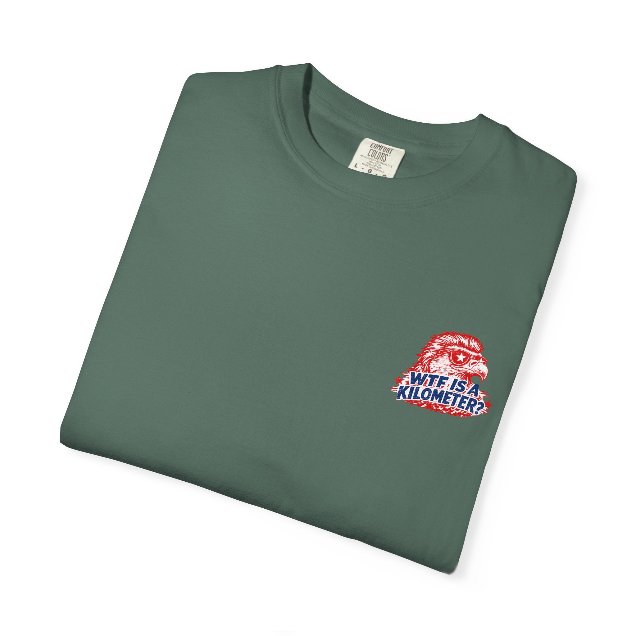 WTF Is a Kilometer? Graphic T‑Shirt — Retro Eagle Patriotic Travel Humor
