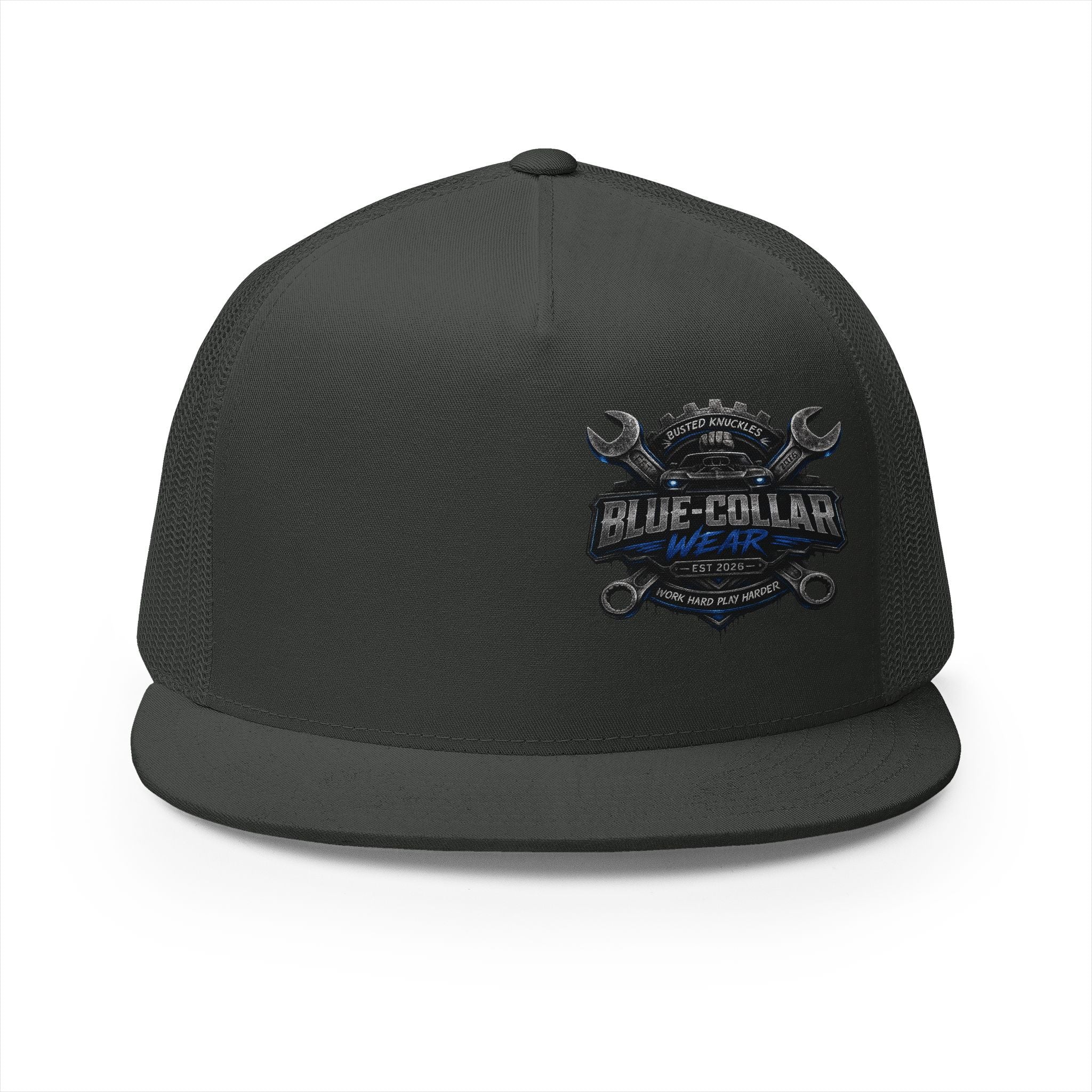 Blue-Collar Wear Trucker Cap — Vintage Mechanic Logo Snapback