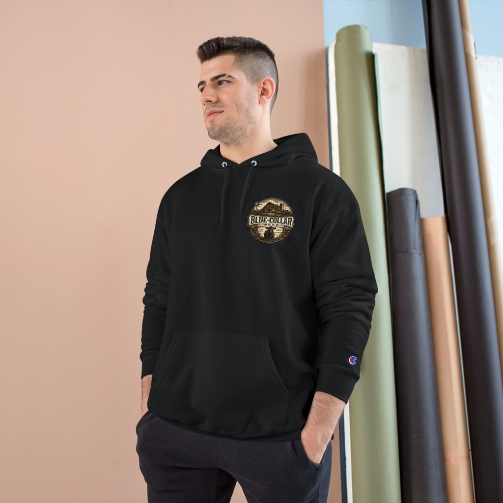 Blue-Collar Wear RANCHER Shield Hoodie — Vintage Workwear Logo Pullover