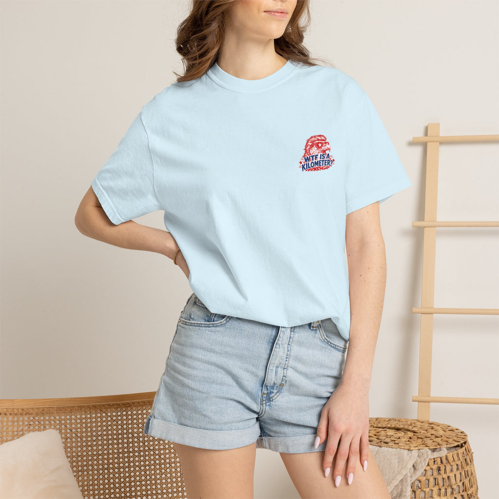 WTF Is a Kilometer? Graphic T‑Shirt — Retro Eagle Patriotic Travel Humor