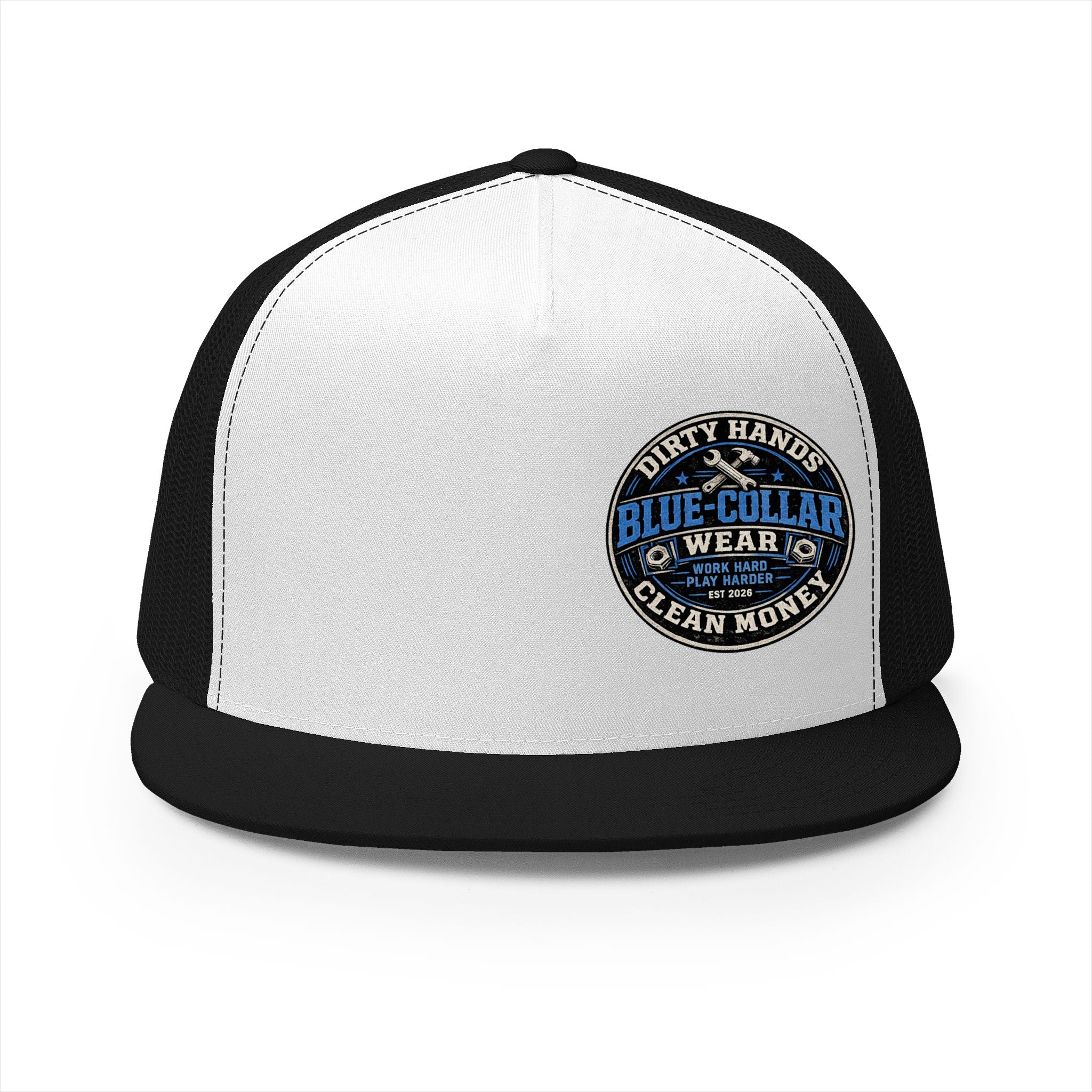 Blue-Collar Workwear Trucker Cap — "Dirty Hands Clean Money" Patch
