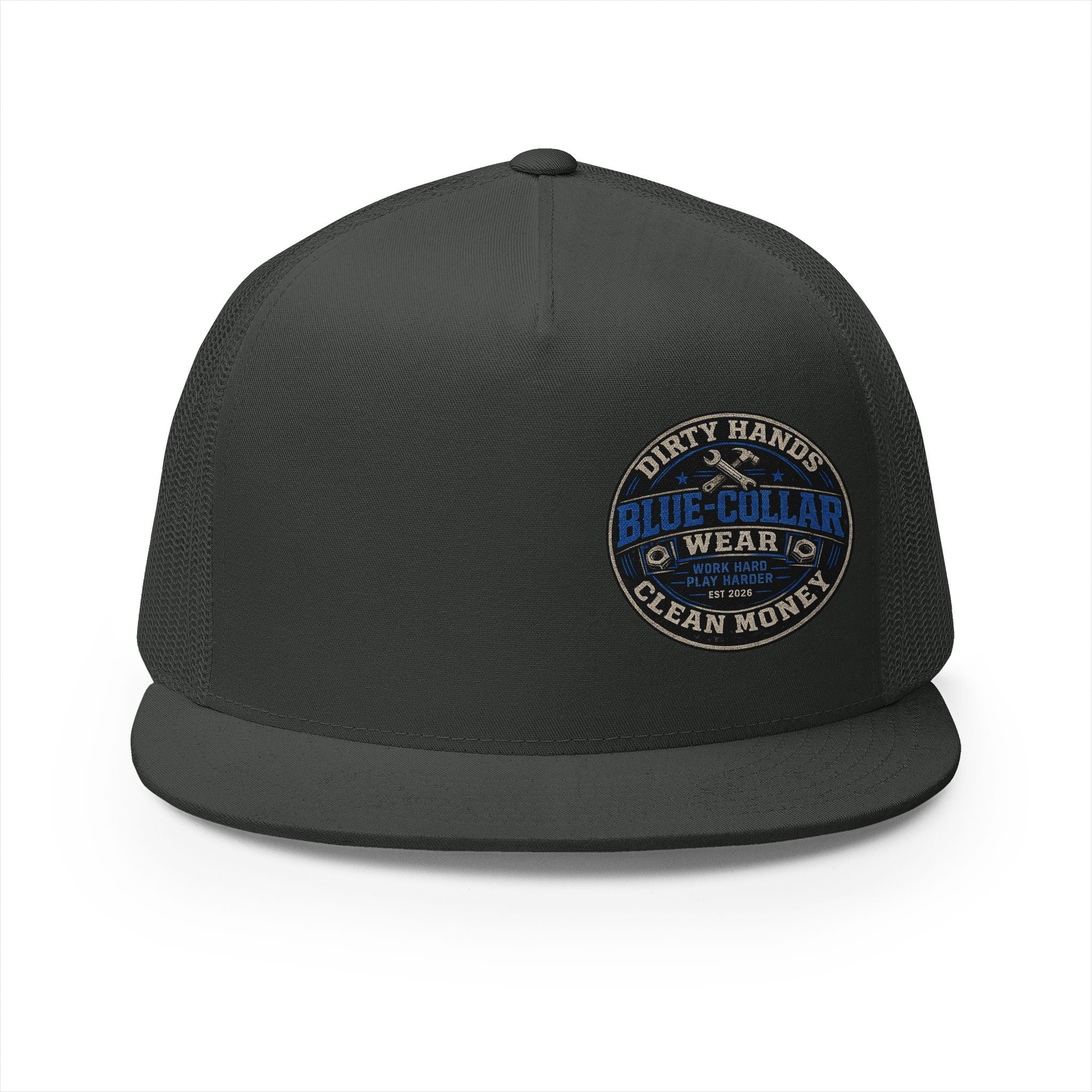 Blue-Collar Workwear Trucker Cap — "Dirty Hands Clean Money" Patch