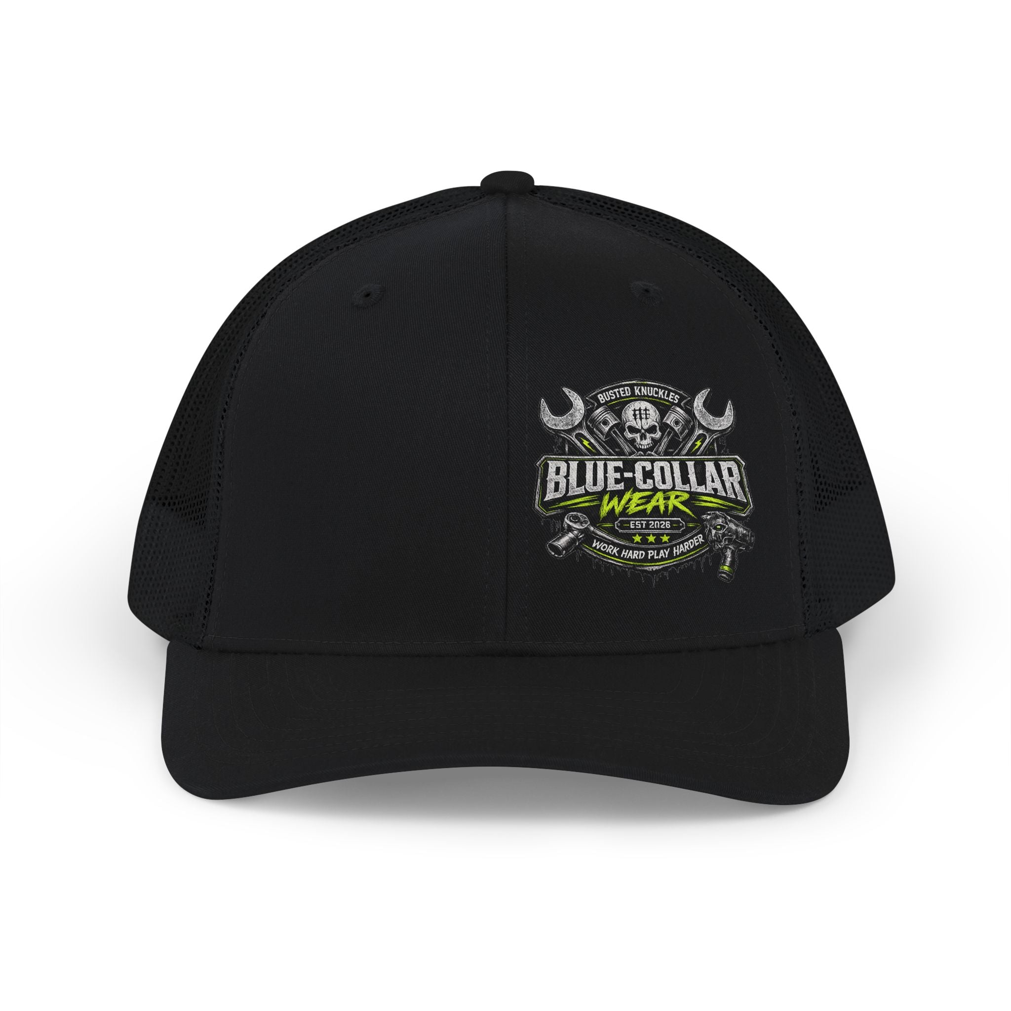 Snapback Trucker Cap Mechanic — Blue Collar Wear Skull Logo Mesh Hat