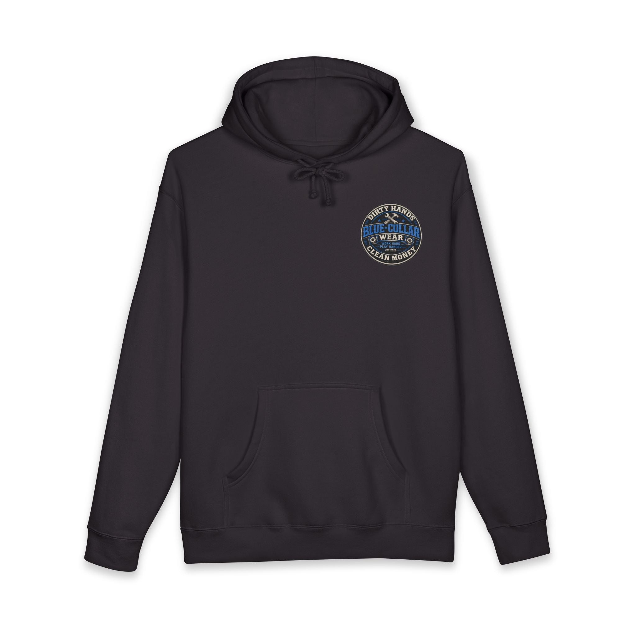 Blue-Collar Workwear Hoodie — "Dirty Hands, Clean Money" Chest & Back Graphic