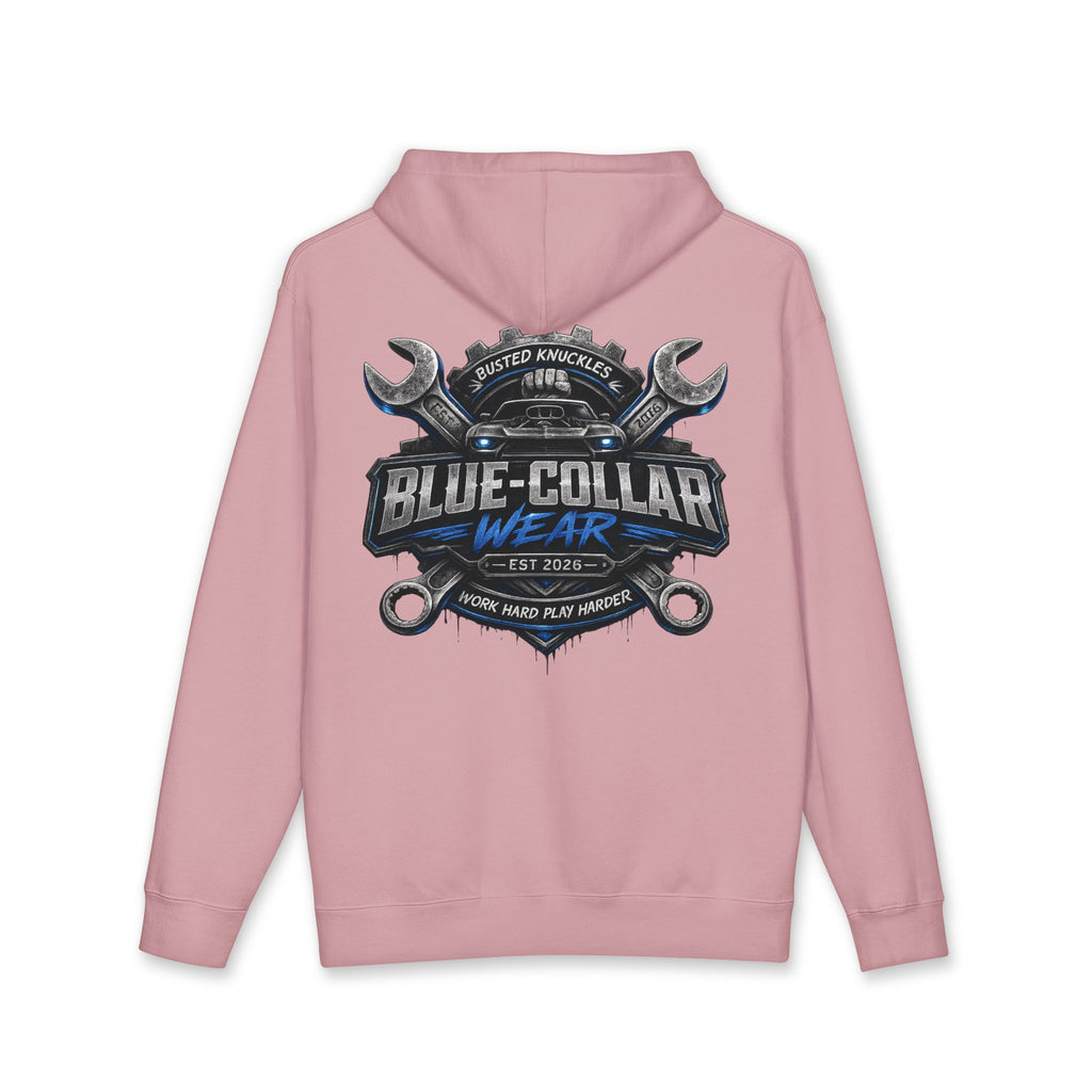 Blue-Collar Wear Hoodie — Mechanic Wrench Logo Workwear Pullover