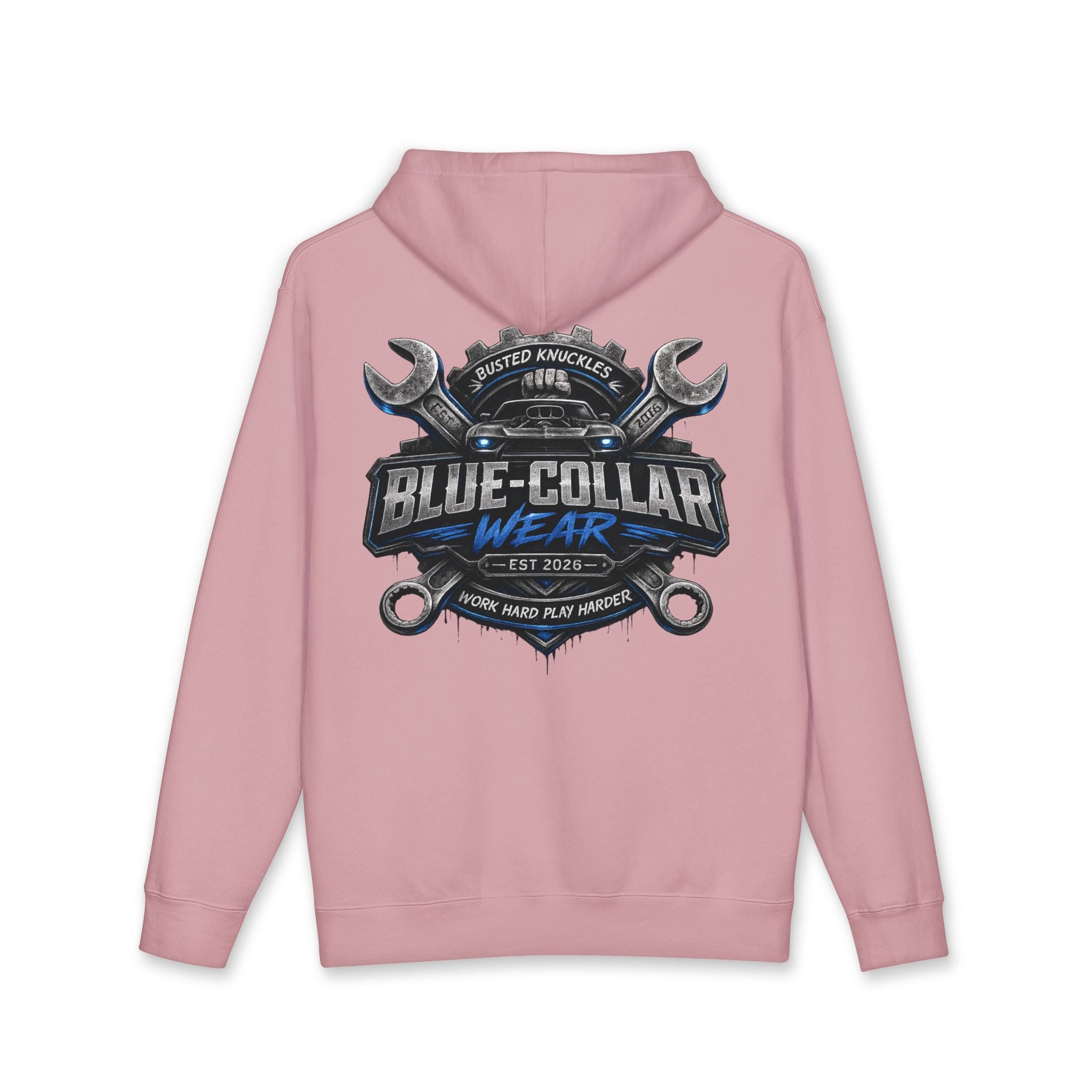 Blue-Collar Wear Hoodie — Mechanic Wrench Logo Workwear Pullover