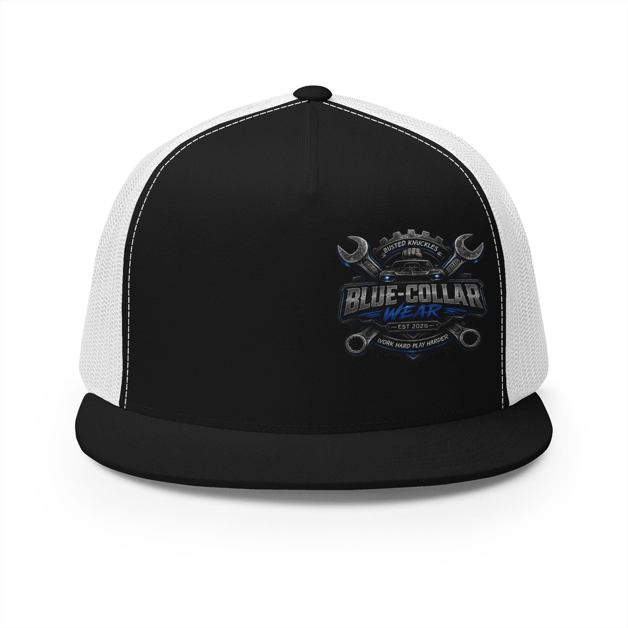 Blue-Collar Wear Trucker Cap — Vintage Mechanic Logo Snapback
