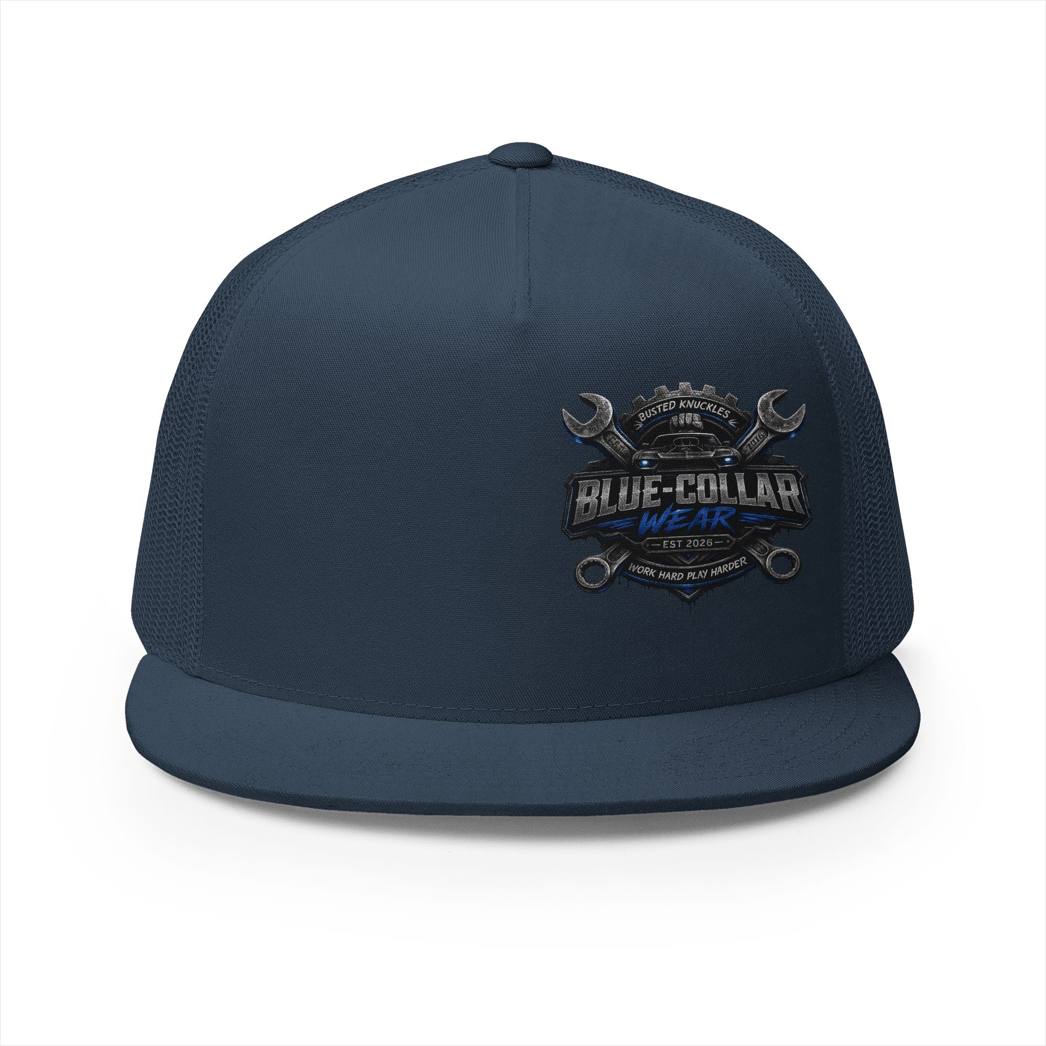 Blue-Collar Wear Trucker Cap — Vintage Mechanic Logo Snapback