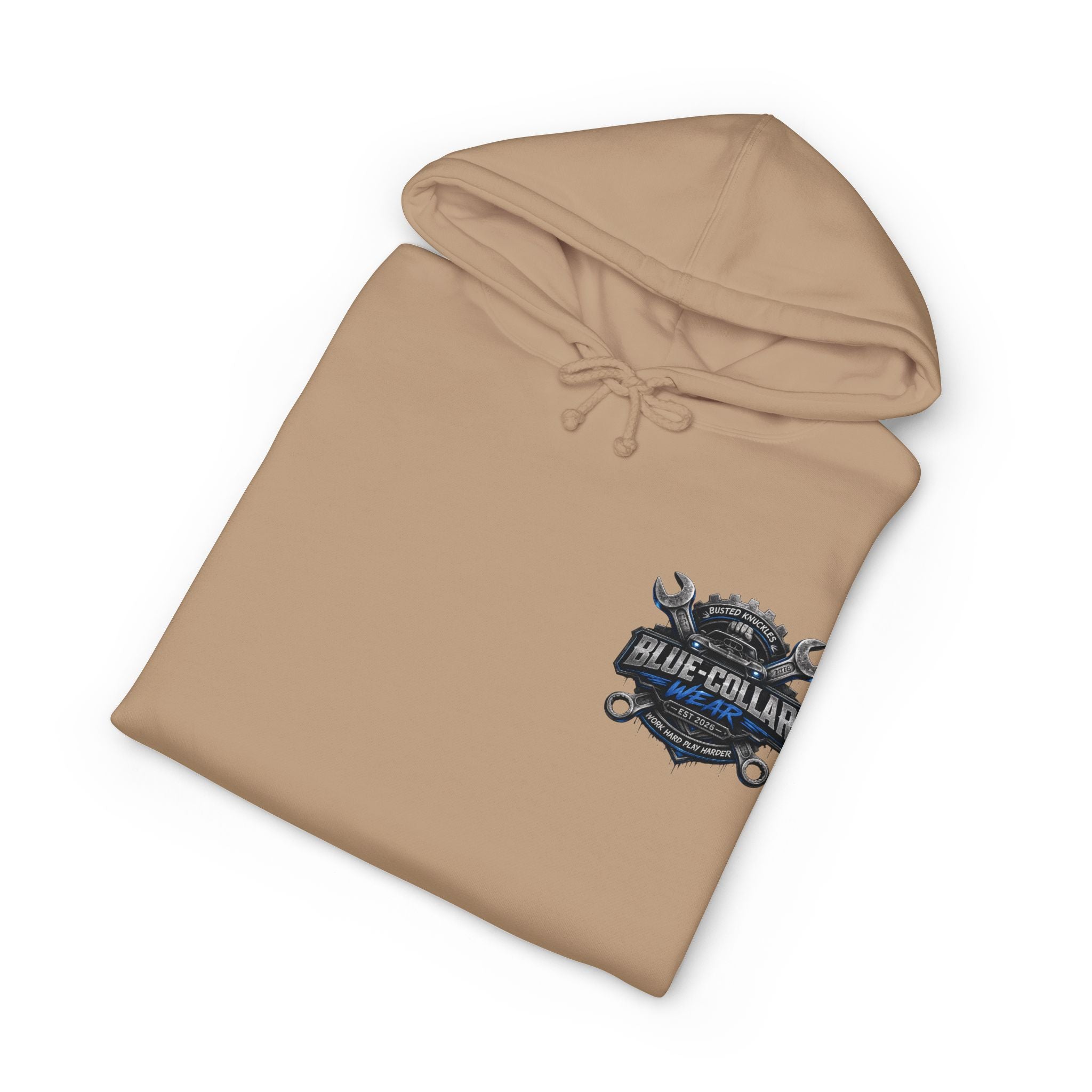 Blue-Collar Wear Hoodie — Mechanic Wrench Logo Workwear Pullover