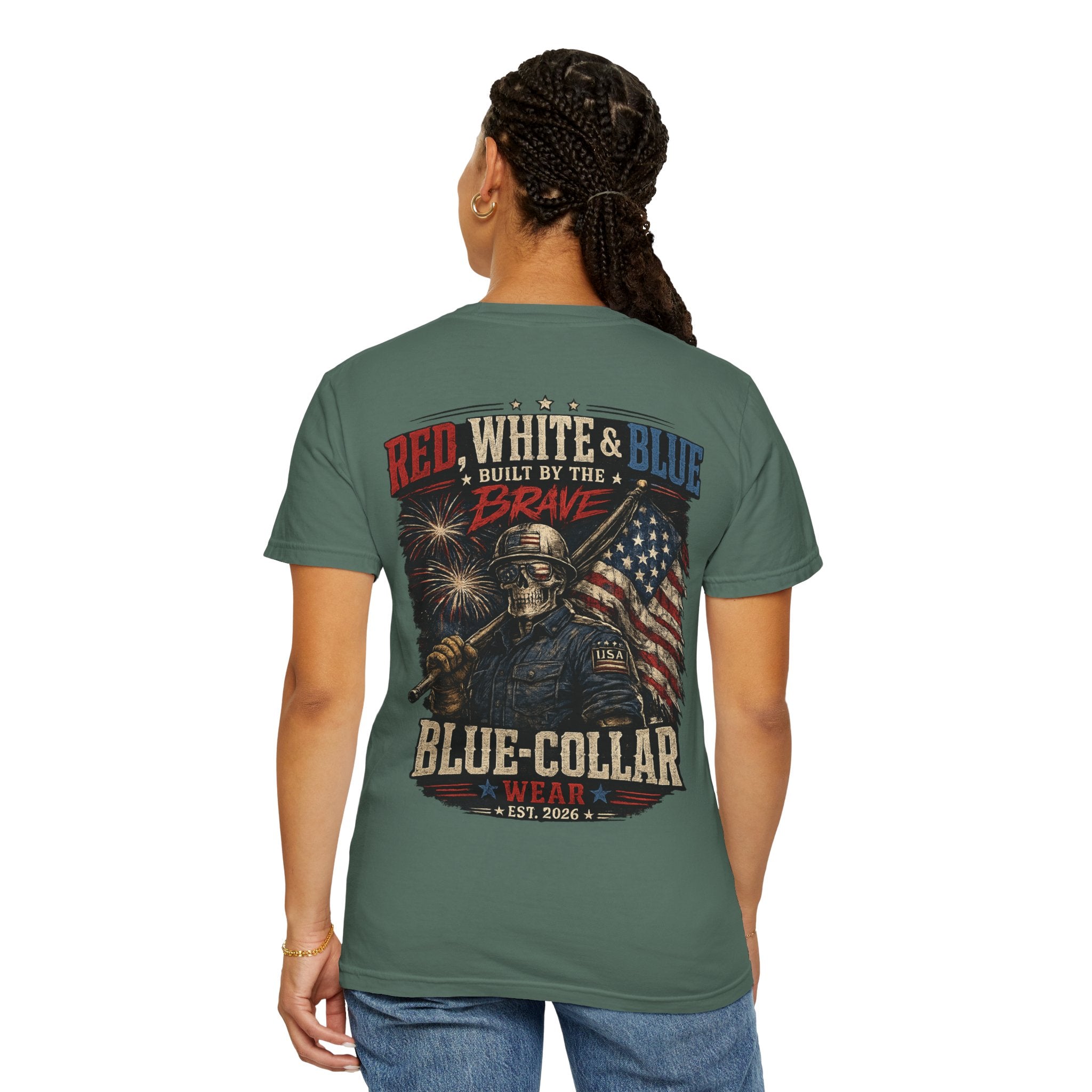 Blue-Collar Wear Patriotic T-Shirt — “Red, White & Blue Built by the Brave”