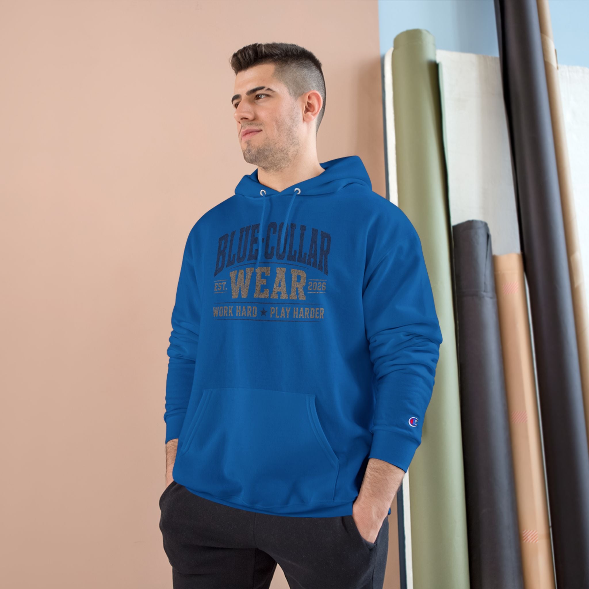 Blue-Collar Wear Hoodie — 'Work Hard, Play Harder' Champion Pullover