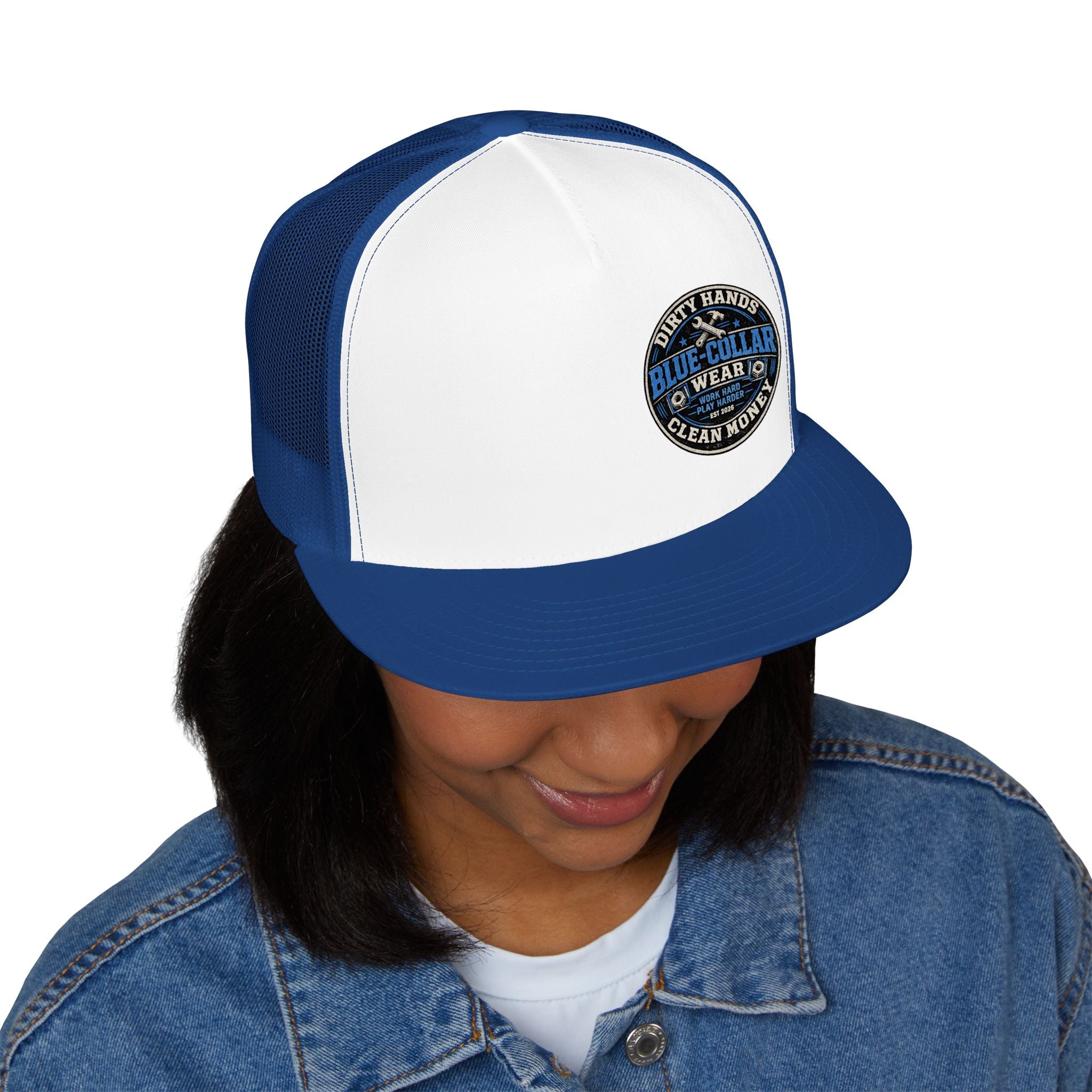 Blue-Collar Workwear Trucker Cap — "Dirty Hands Clean Money" Patch