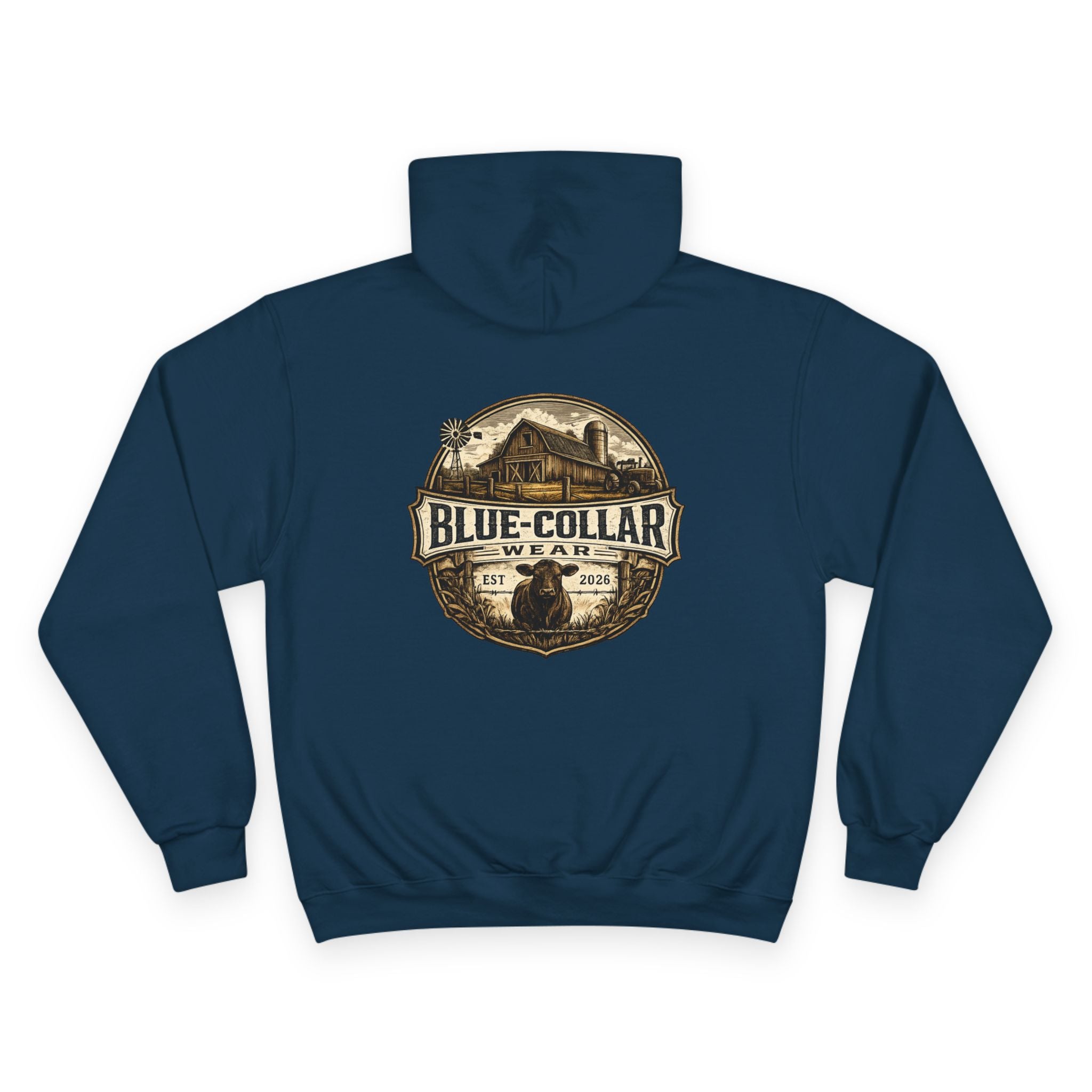 Blue-Collar Wear RANCHER Shield Hoodie — Vintage Workwear Logo Pullover