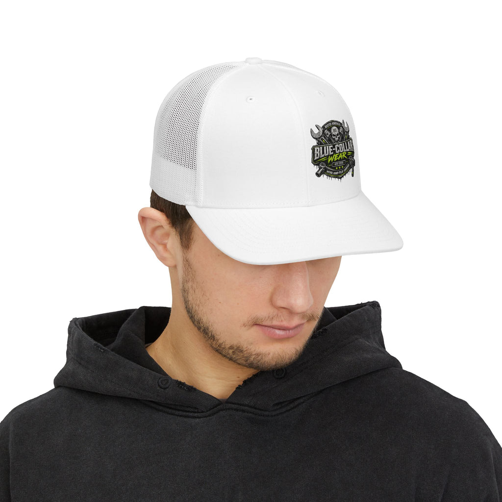 Snapback Trucker Cap Mechanic — Blue Collar Wear Skull Logo Mesh Hat