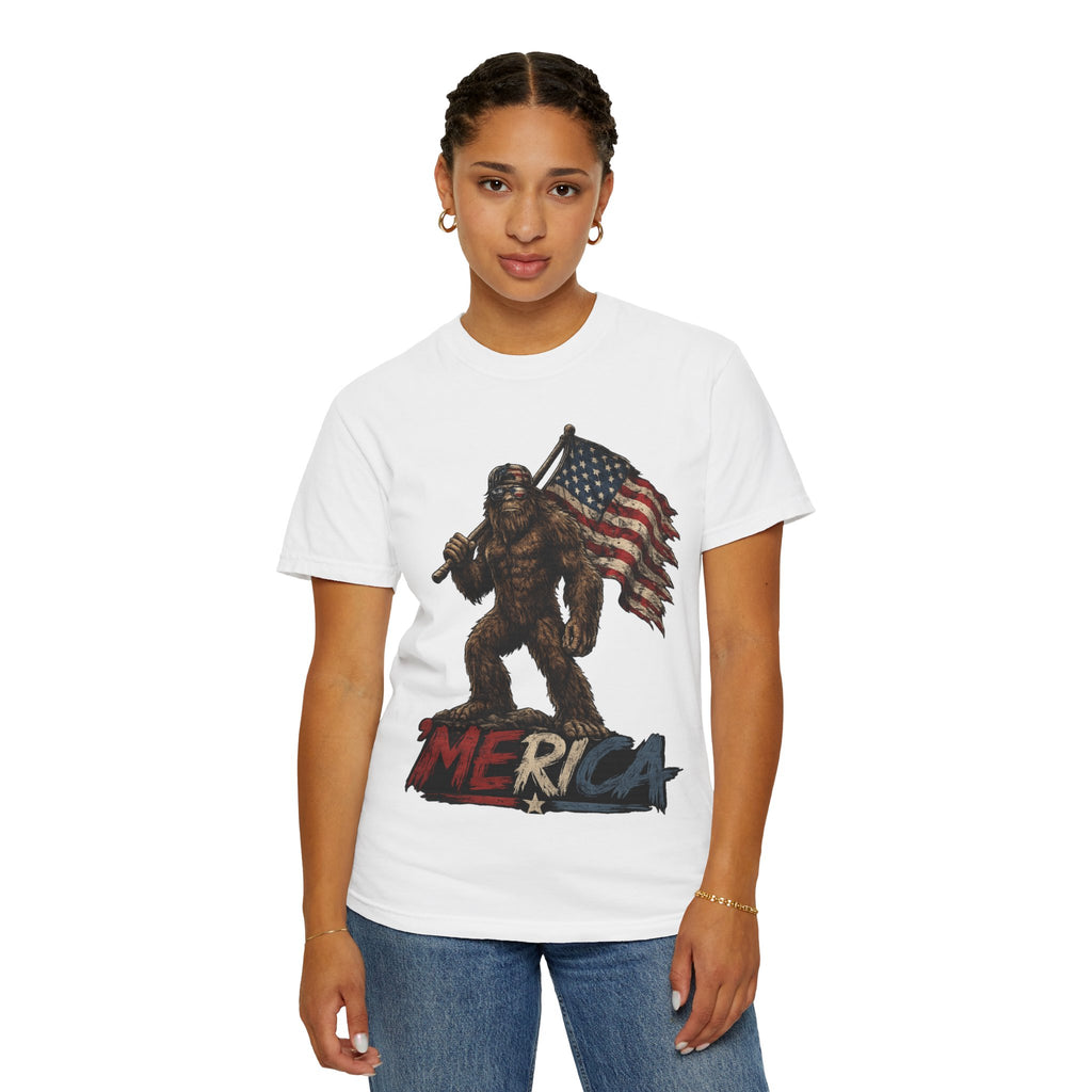 'Merica Bigfoot Flag T-Shirt — Patriotic Sasquatch Americana Tee