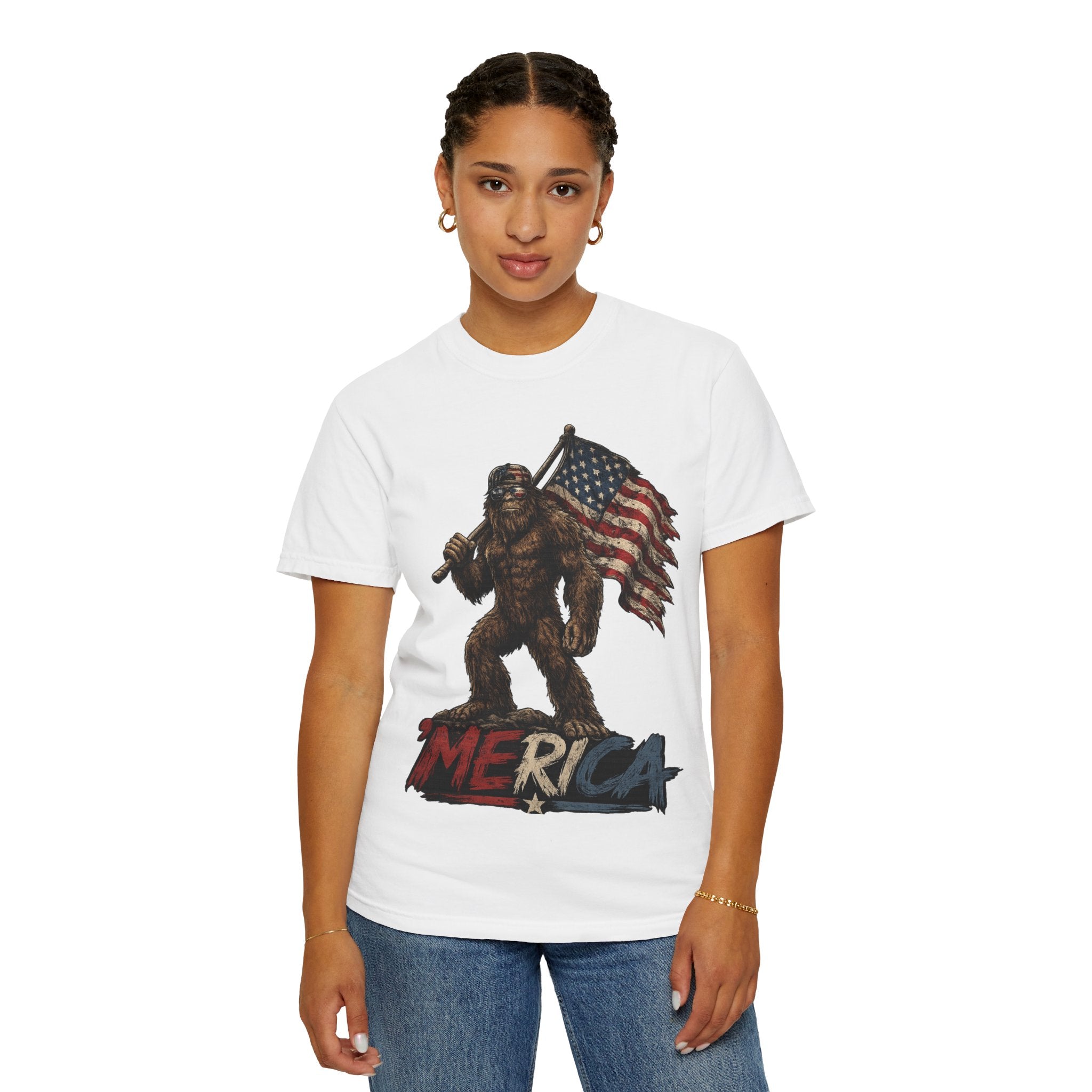 'Merica Bigfoot Flag T-Shirt — Patriotic Sasquatch Americana Tee