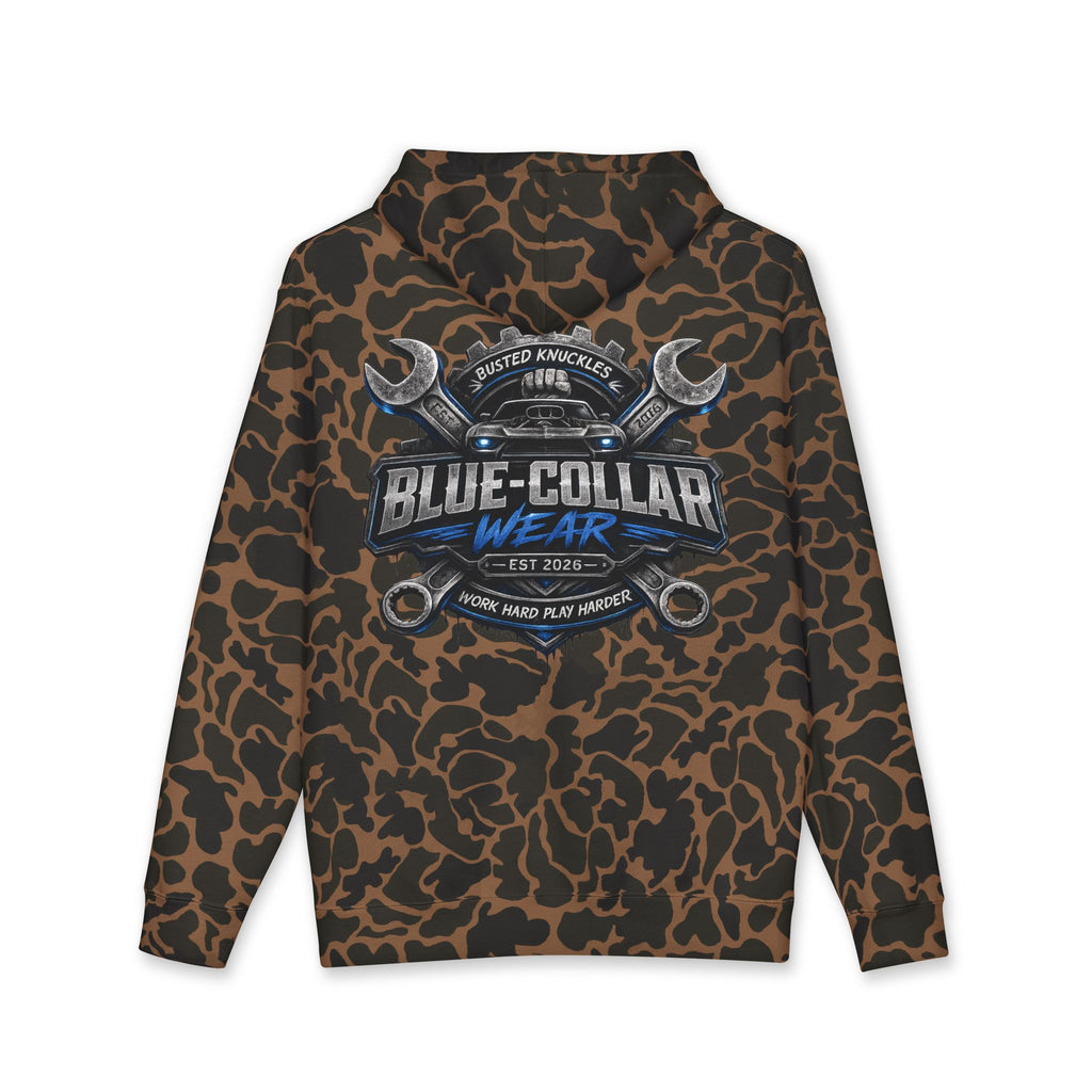 Blue-Collar Wear Hoodie — Mechanic Wrench Logo Workwear Pullover