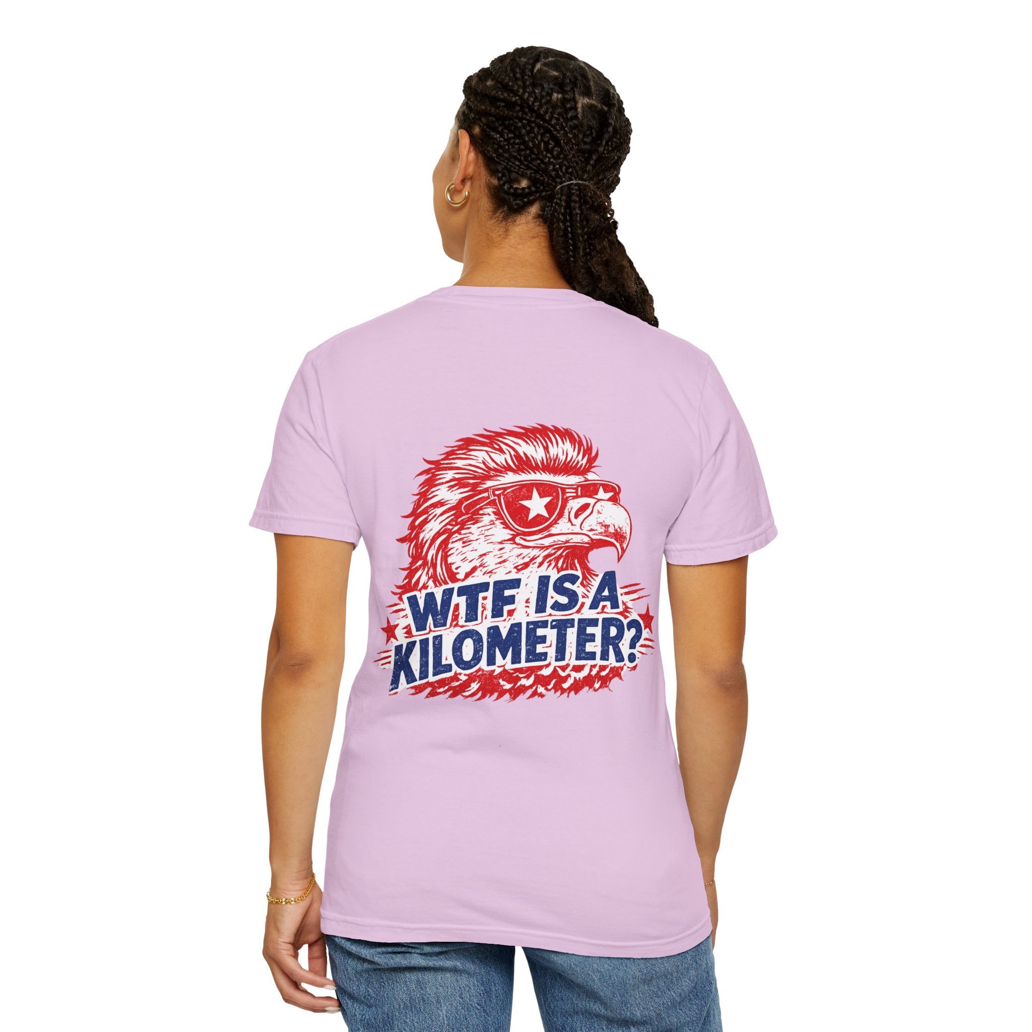 WTF Is a Kilometer? Graphic T‑Shirt — Retro Eagle Patriotic Travel Humor