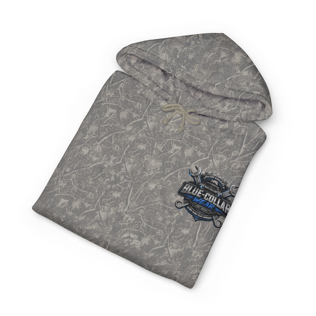 Blue-Collar Wear Hoodie — Mechanic Wrench Logo Workwear Pullover