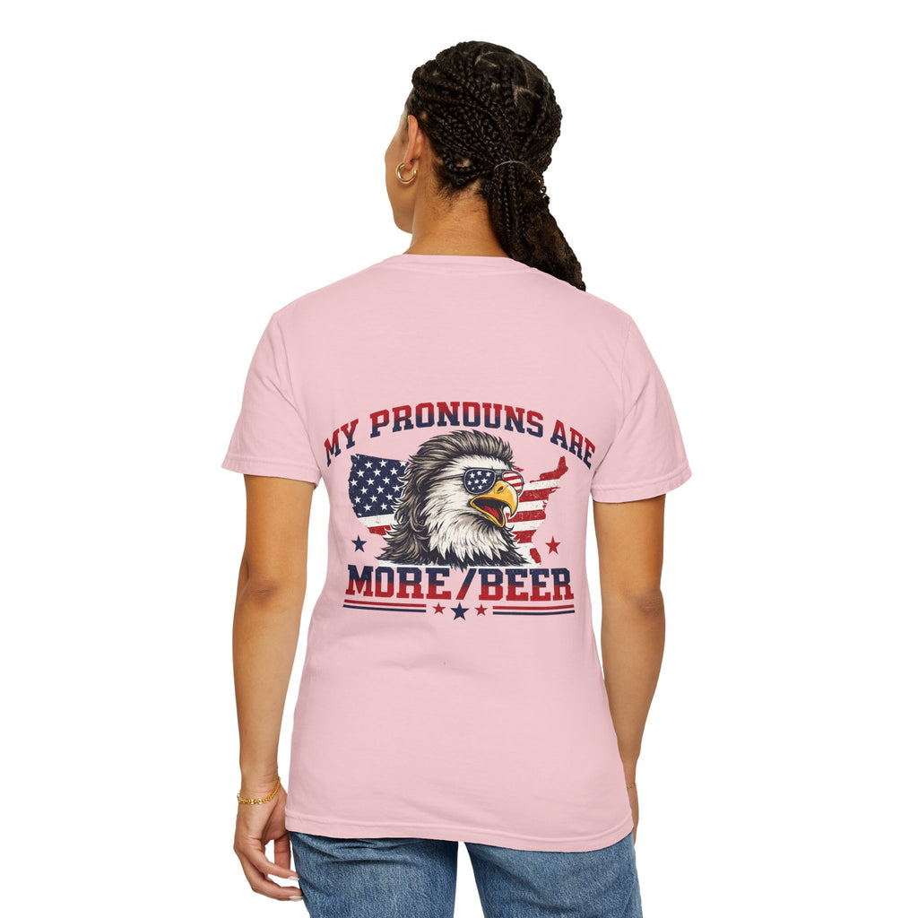 T-Shirt — "My Pronouns Are More/Beer" Patriotic Eagle Graphic