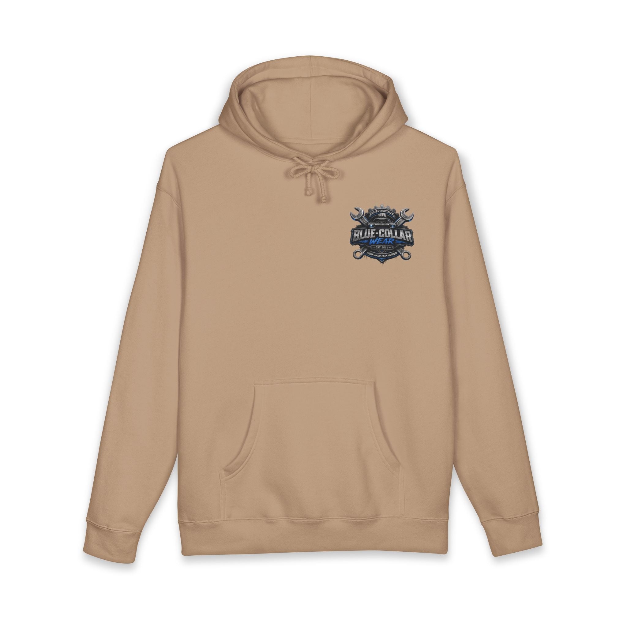 Blue-Collar Wear Hoodie — Mechanic Wrench Logo Workwear Pullover