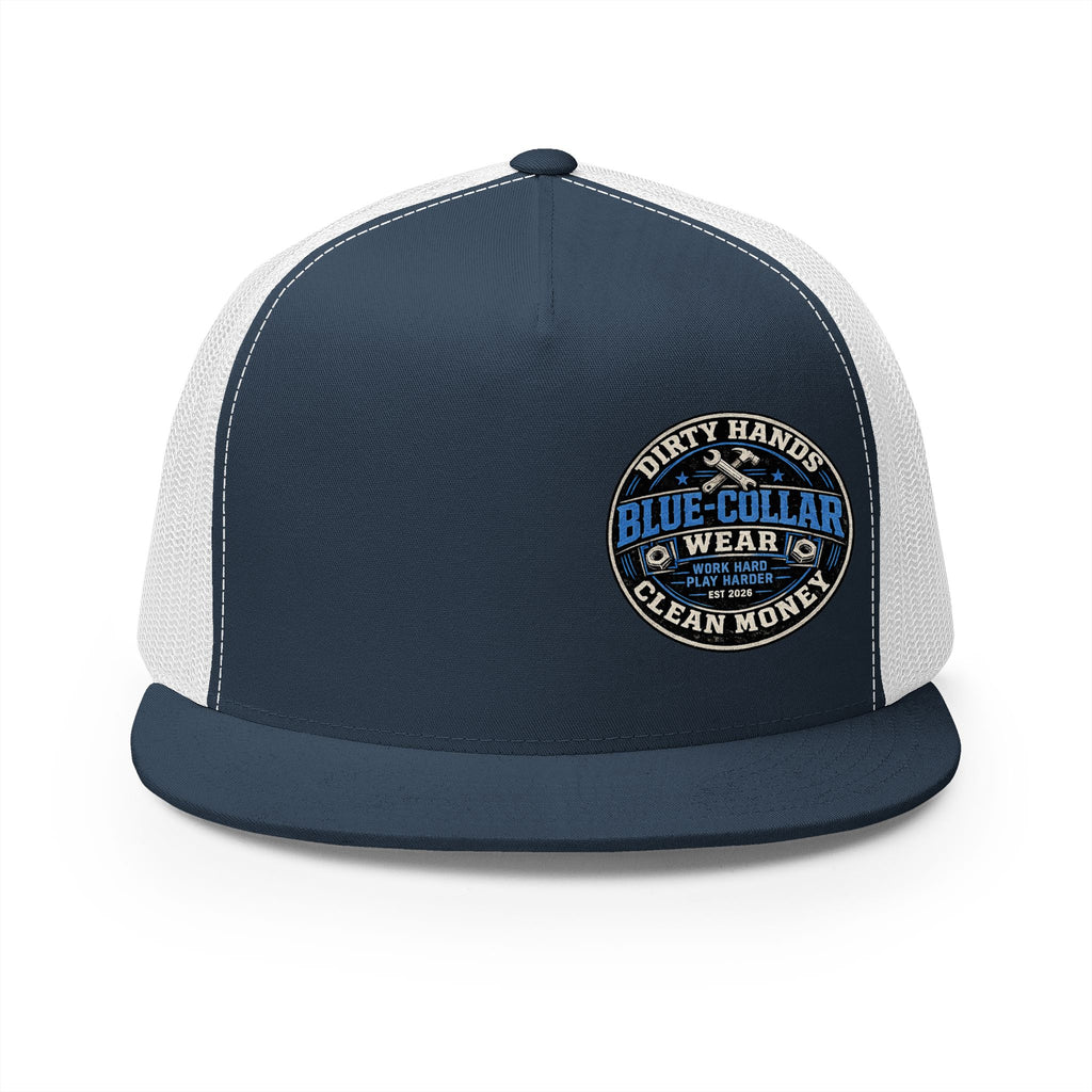 Blue-Collar Workwear Trucker Cap — "Dirty Hands Clean Money" Patch
