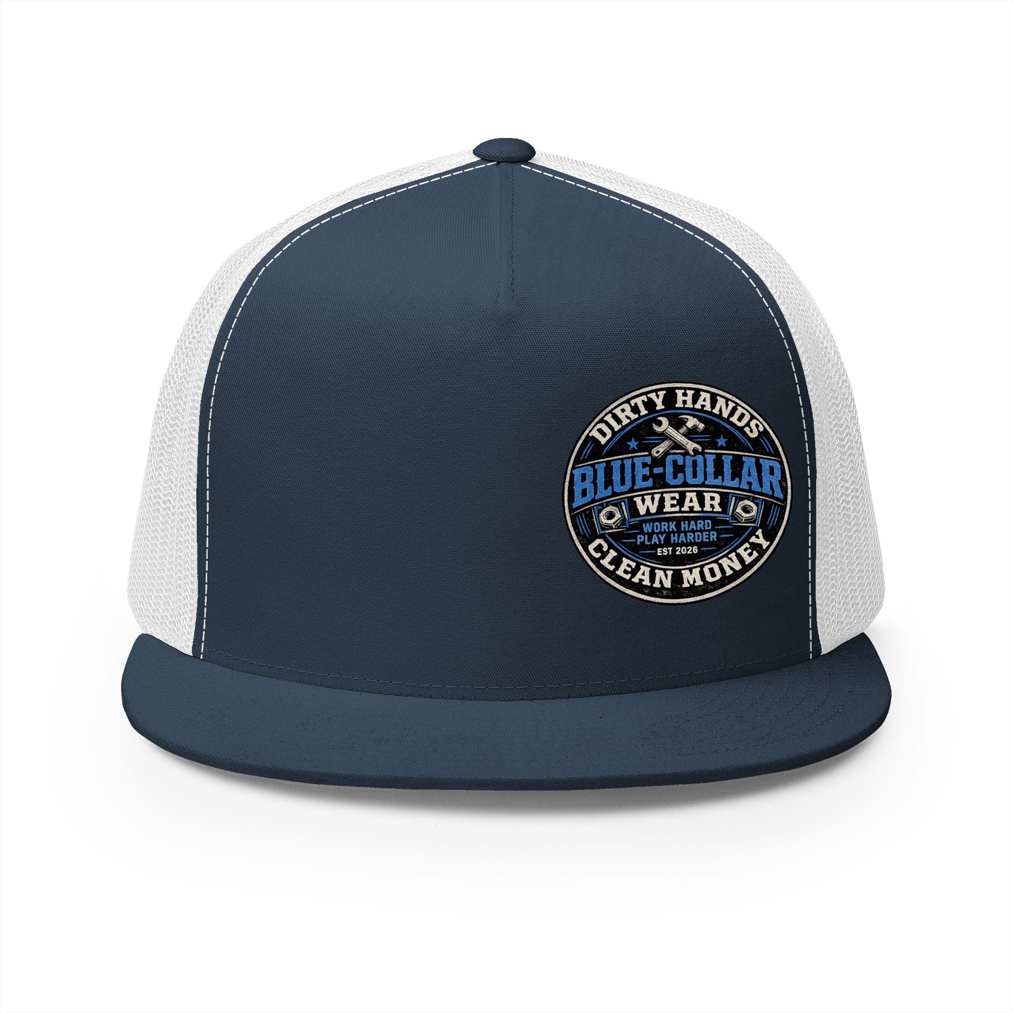 Blue-Collar Workwear Trucker Cap — "Dirty Hands Clean Money" Patch