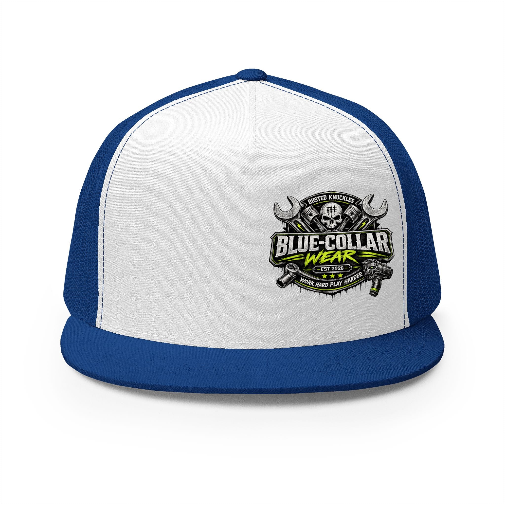 Blue Collar Wear Trucker Cap Mechanic — Workwear Skull Logo Mesh Snapback