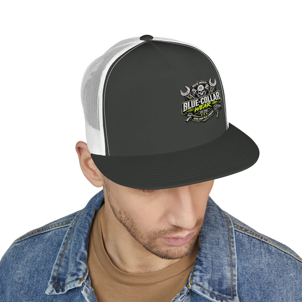 Blue Collar Wear Trucker Cap Mechanic — Workwear Skull Logo Mesh Snapback