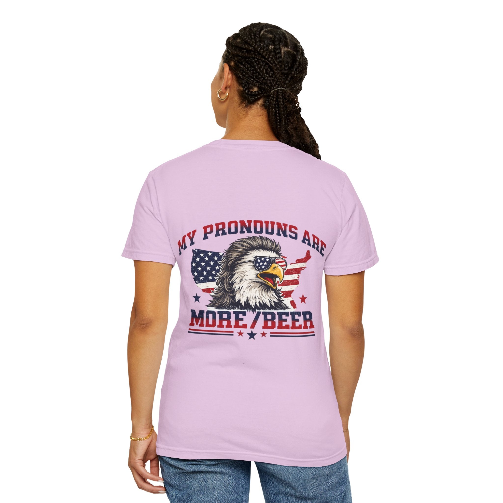 T-Shirt — "My Pronouns Are More/Beer" Patriotic Eagle Graphic