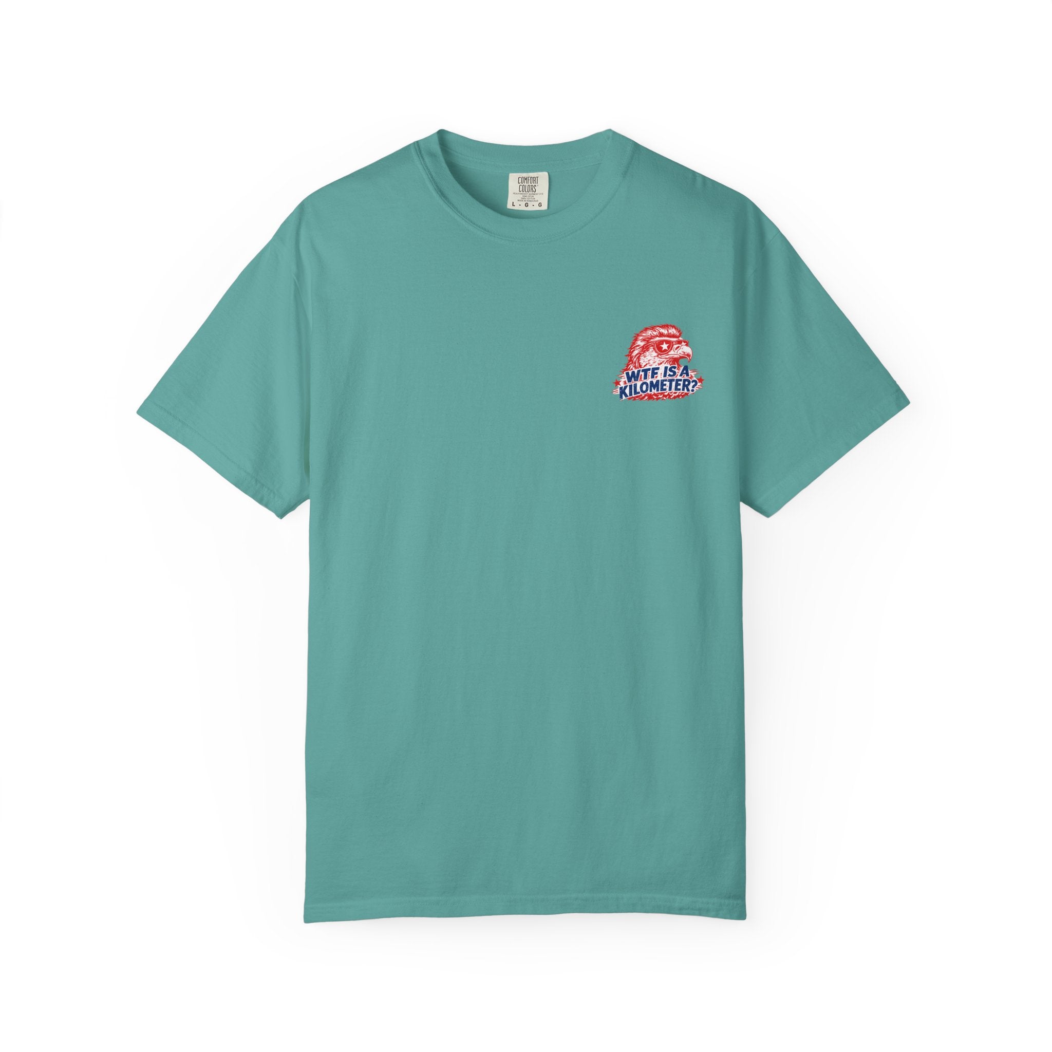 WTF Is a Kilometer? Graphic T‑Shirt — Retro Eagle Patriotic Travel Humor