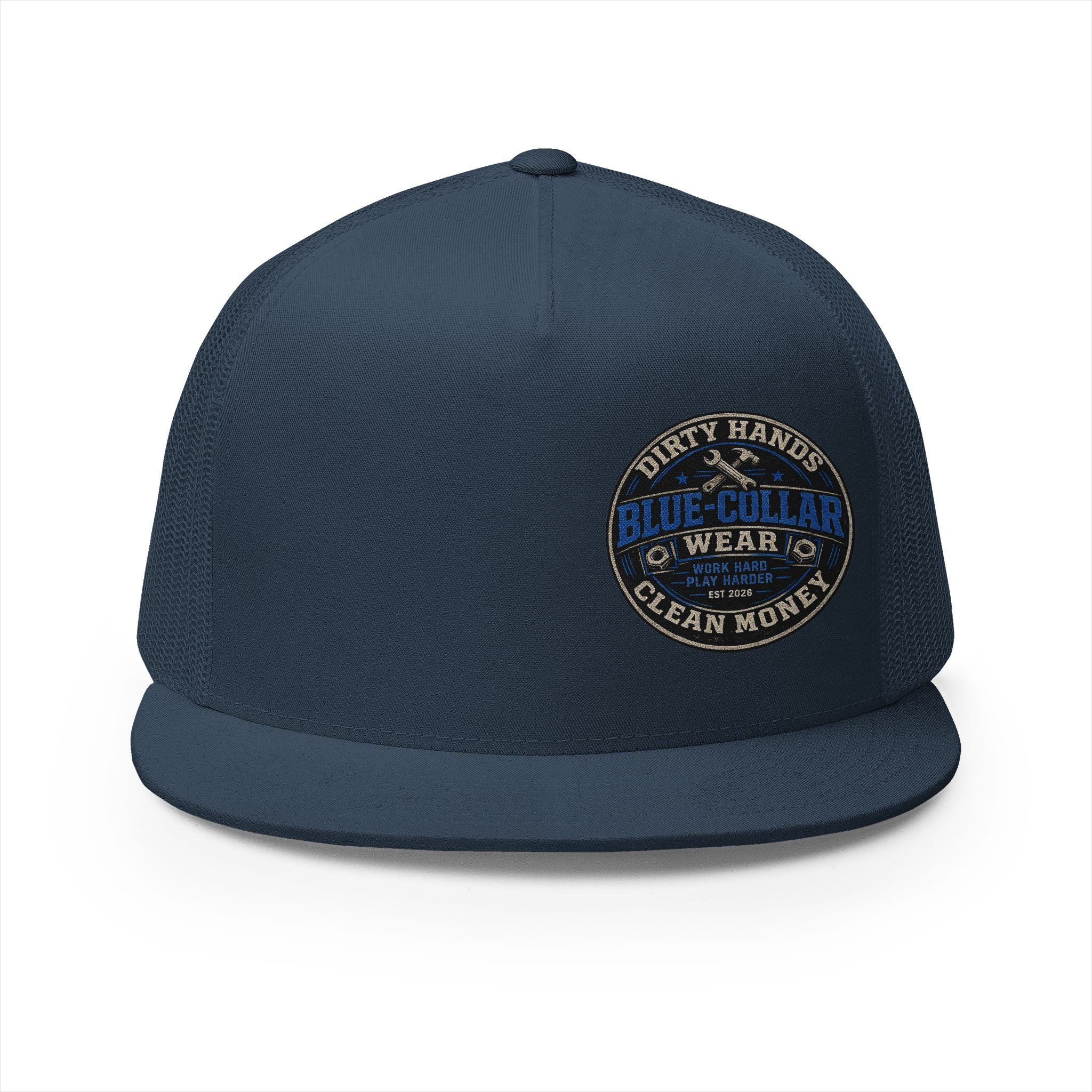 Blue-Collar Workwear Trucker Cap — "Dirty Hands Clean Money" Patch
