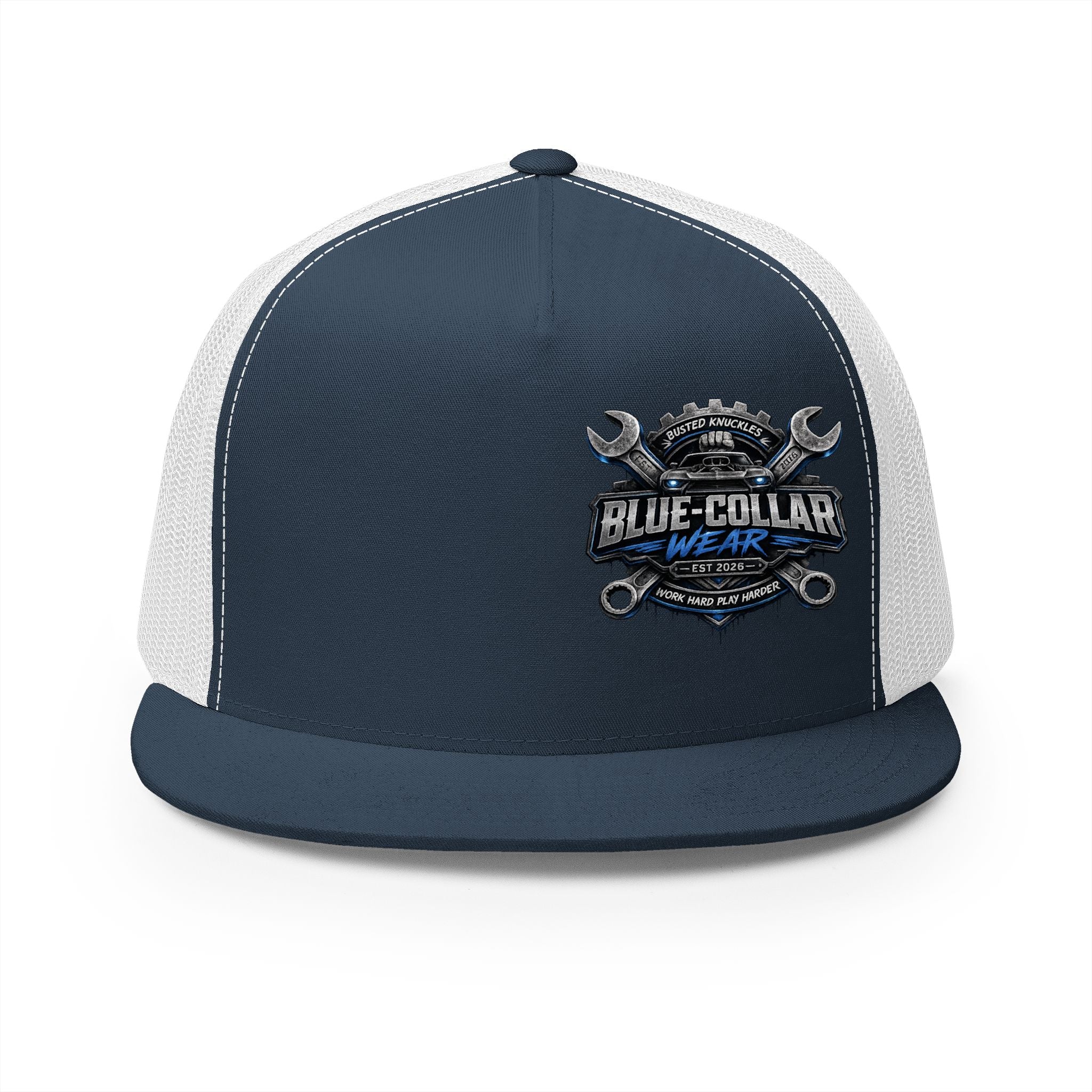 Blue-Collar Wear Trucker Cap — Vintage Mechanic Logo Snapback