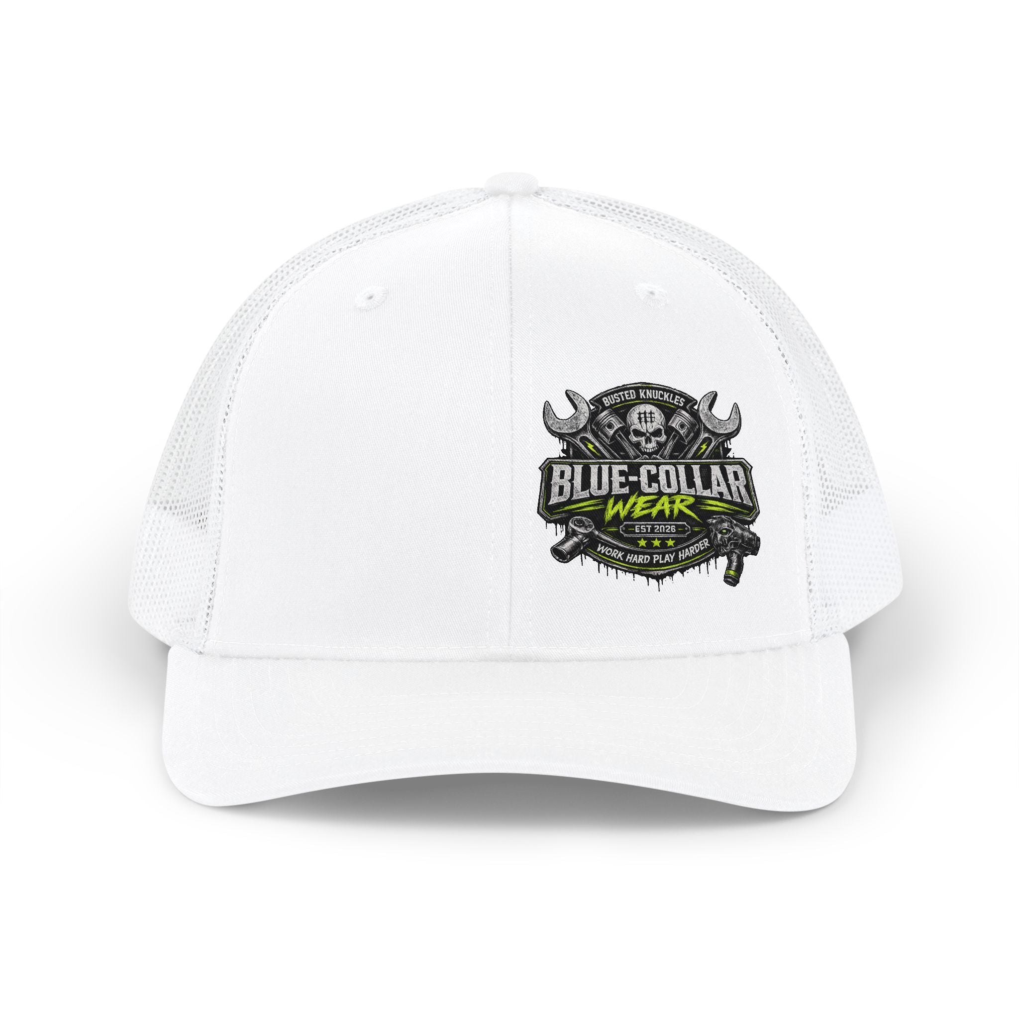 Snapback Trucker Cap Mechanic — Blue Collar Wear Skull Logo Mesh Hat
