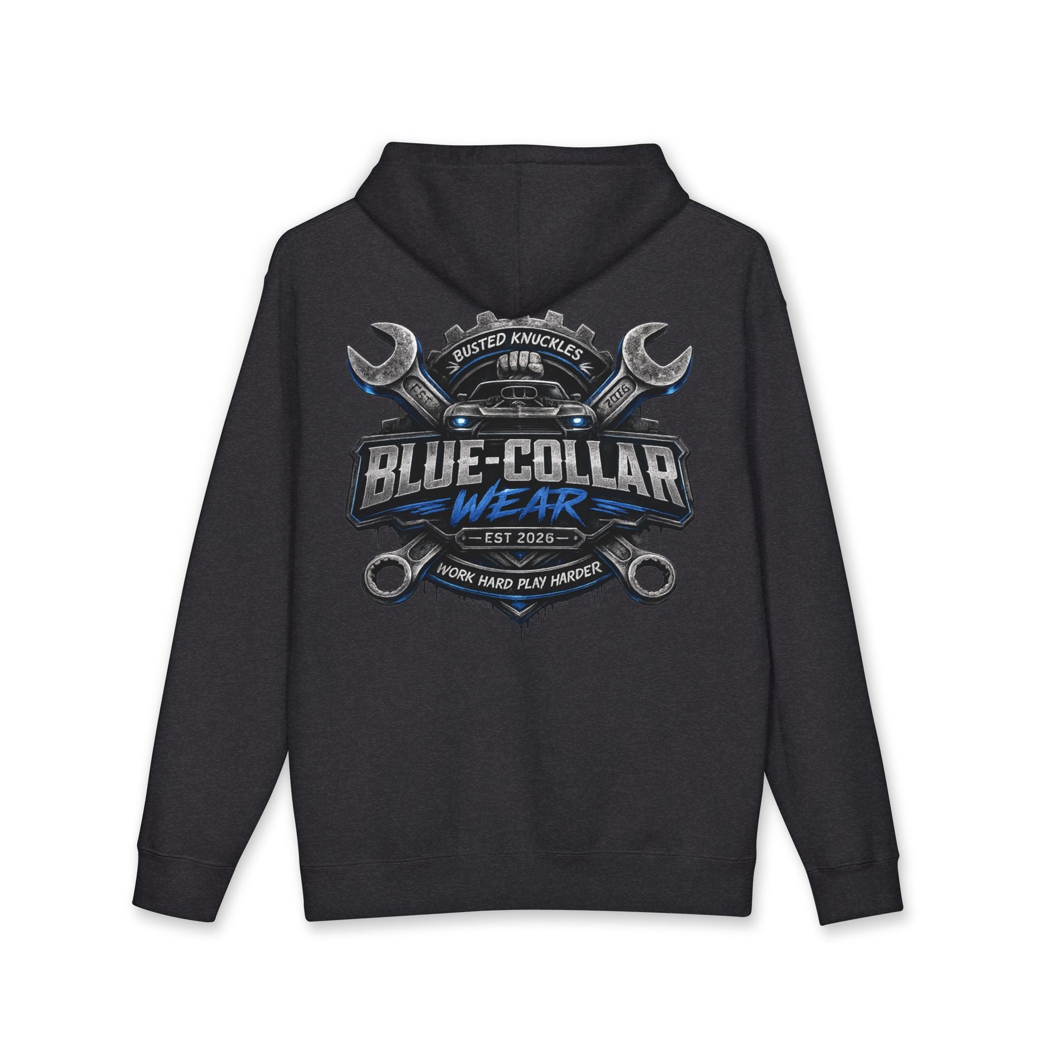 Blue-Collar Wear Hoodie — Mechanic Wrench Logo Workwear Pullover
