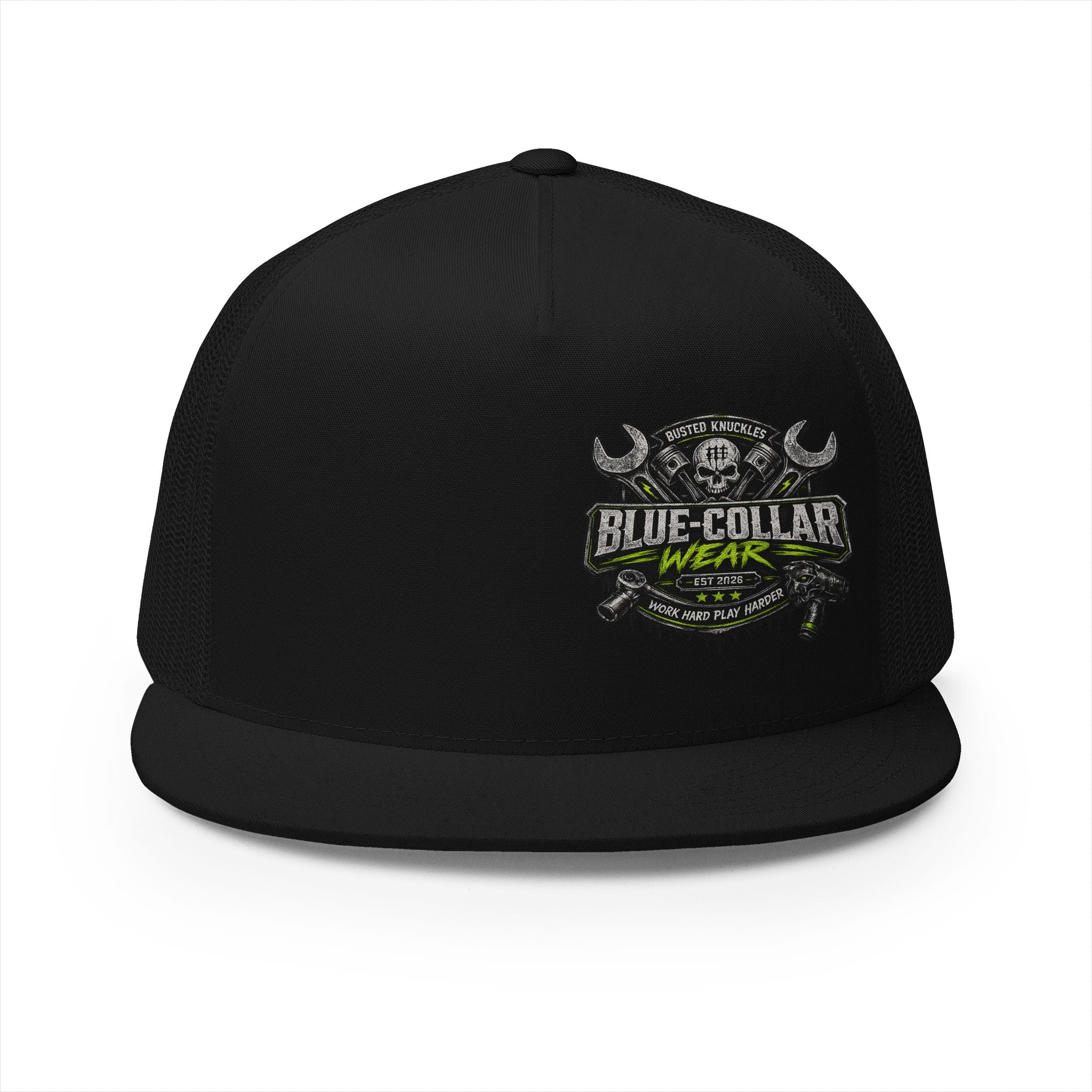 Blue Collar Wear Trucker Cap Mechanic — Workwear Skull Logo Mesh Snapback