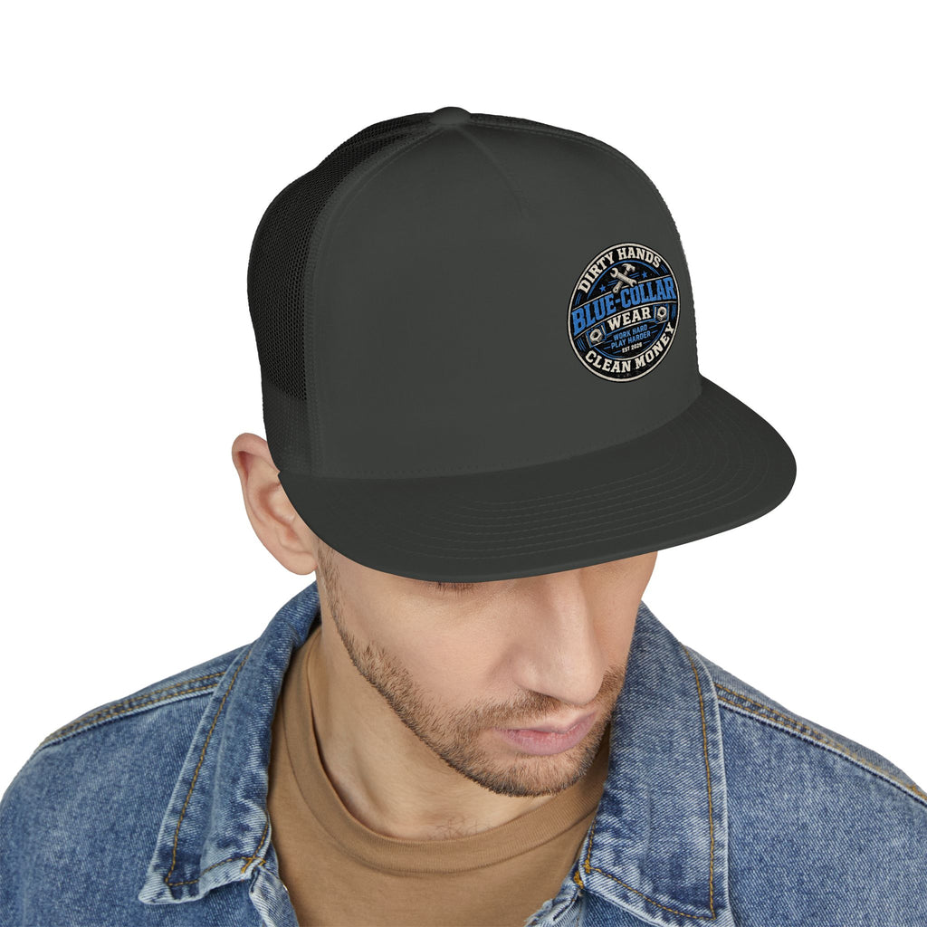 Blue-Collar Workwear Trucker Cap — "Dirty Hands Clean Money" Patch