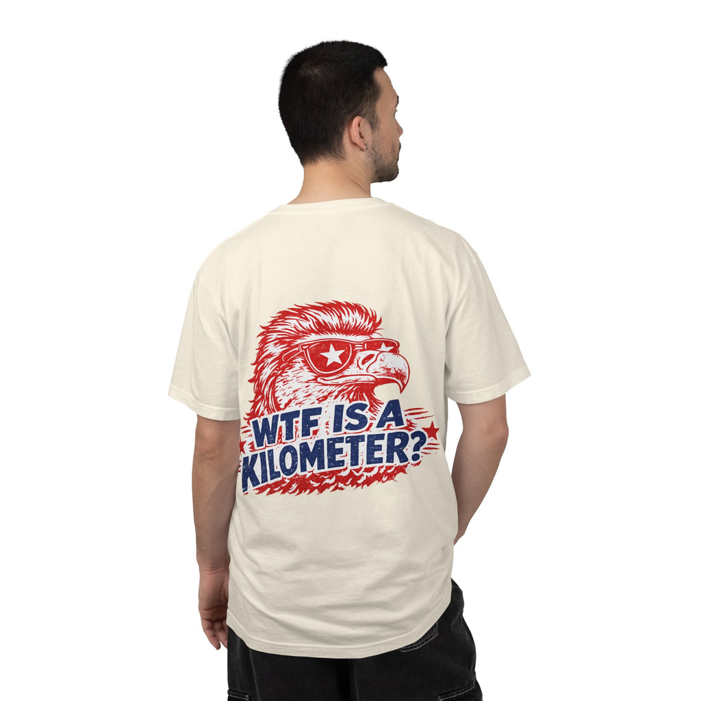 WTF Is a Kilometer? Graphic T‑Shirt — Retro Eagle Patriotic Travel Humor
