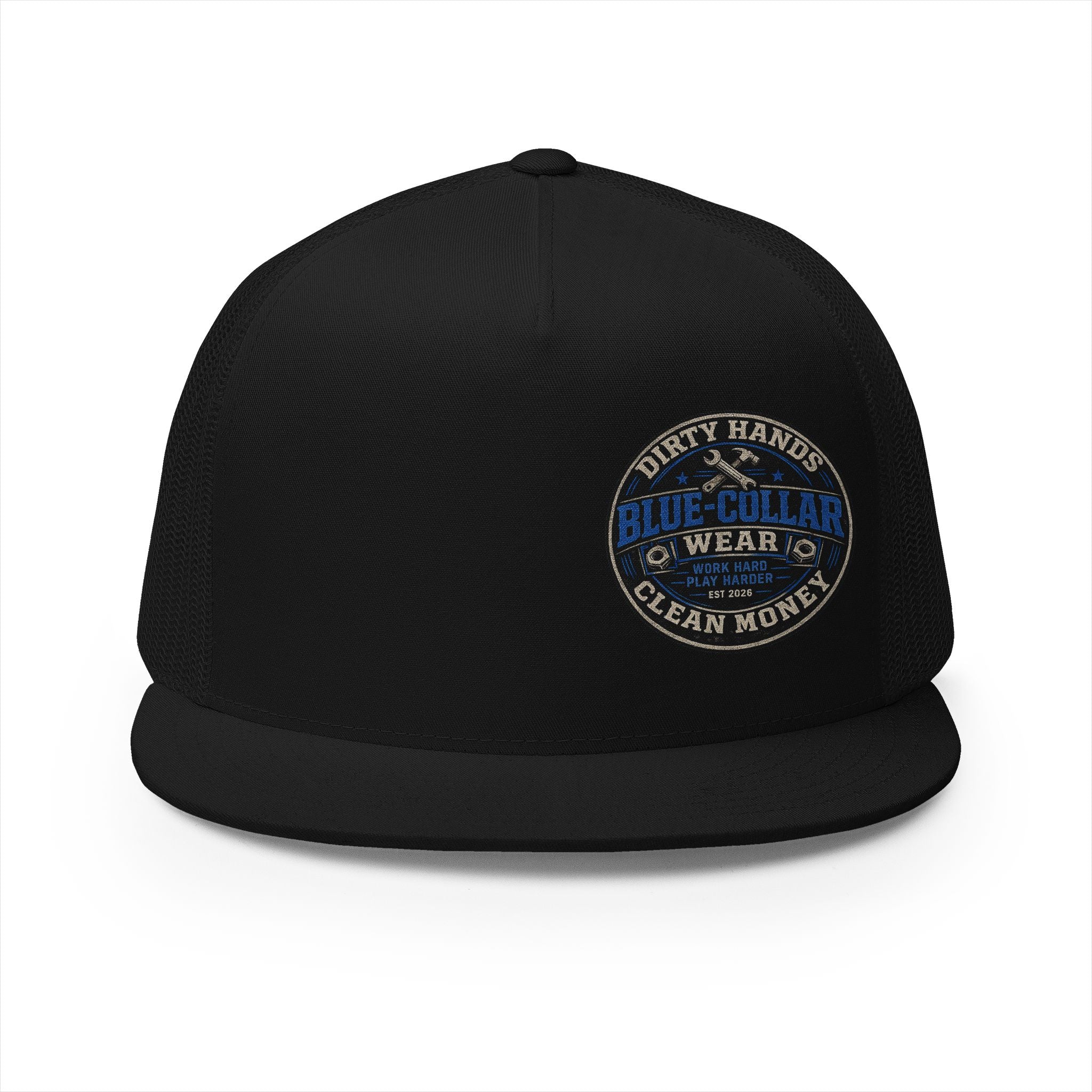 Blue-Collar Workwear Trucker Cap — "Dirty Hands Clean Money" Patch
