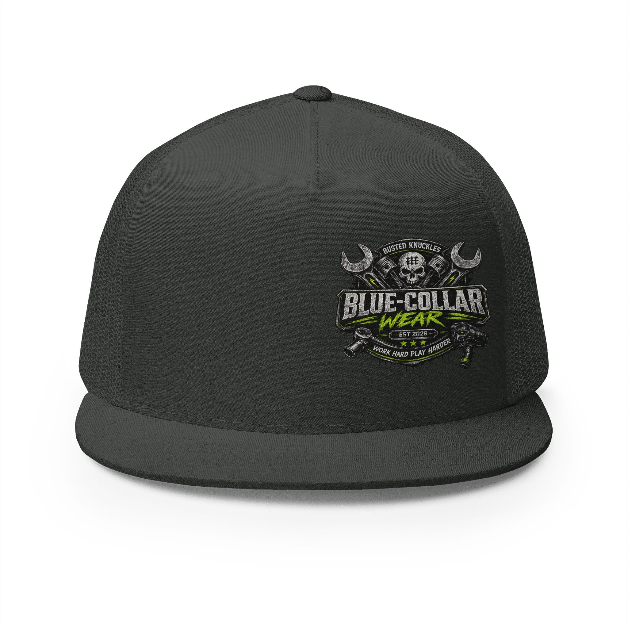 Blue Collar Wear Trucker Cap Mechanic — Workwear Skull Logo Mesh Snapback