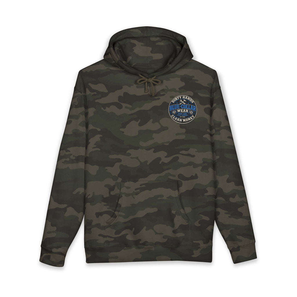 Blue-Collar Workwear Hoodie — "Dirty Hands, Clean Money" Chest & Back Graphic