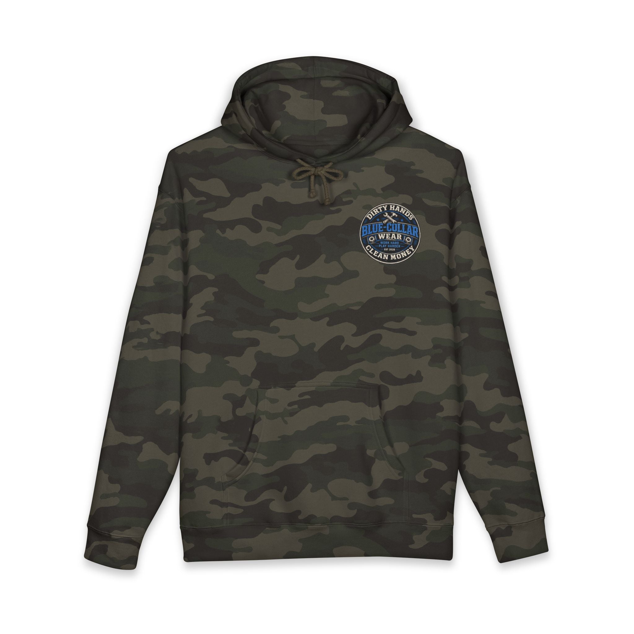 Blue-Collar Workwear Hoodie — "Dirty Hands, Clean Money" Chest & Back Graphic